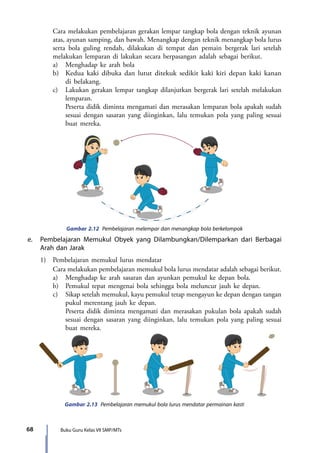 Buku Guru Kelas VII SMP/MTs68
		 Cara melakukan pembelajaran gerakan lempar tangkap bola dengan teknik ayunan
atas, ayunan samping, dan bawah. Menangkap dengan teknik menangkap bola lurus
serta bola guling rendah, dilakukan di tempat dan pemain bergerak lari setelah
melakukan lemparan di lakukan secara berpasangan adalah sebagai berikut.
		 a)	 Menghadap ke arah bola
		 b)	 Kedua kaki dibuka dan lutut ditekuk sedikit kaki kiri depan kaki kanan
di belakang.
		 c)	 Lakukan gerakan lempar tangkap dilanjutkan bergerak lari setelah melakukan
lemparan.
			 Peserta didik diminta mengamati dan merasakan lemparan bola apakah sudah
sesuai dengan sasaran yang diinginkan, lalu temukan pola yang paling sesuai
buat mereka.
Gambar 2.12 Pembelajaran melempar dan menangkap bola berkelompok
e.	 Pembelajaran Memukul Obyek yang Dilambungkan/Dilemparkan dari Berbagai
Arah dan Jarak
	 1)	 Pembelajaran memukul lurus mendatar
		 Cara melakukan pembelajaran memukul bola lurus mendatar adalah sebagai berikut.
		 a)	 Menghadap ke arah sasaran dan ayunkan pemukul ke depan bola.
		 b)	 Pemukul tepat mengenai bola sehingga bola meluncur jauh ke depan.
		 c)	 Sikap setelah memukul, kayu pemukul tetap mengayun ke depan dengan tangan
pukul merentang jauh ke depan.
			 Peserta didik diminta mengamati dan merasakan pukulan bola apakah sudah
sesuai dengan sasaran yang diinginkan, lalu temukan pola yang paling sesuai
buat mereka.
Gambar 2.13 Pembelajaran memukul bola lurus mendatar permainan kasti
7_BG_PJOK_07062013_CMYK.indb 68 6/13/13 4:58 PM
 