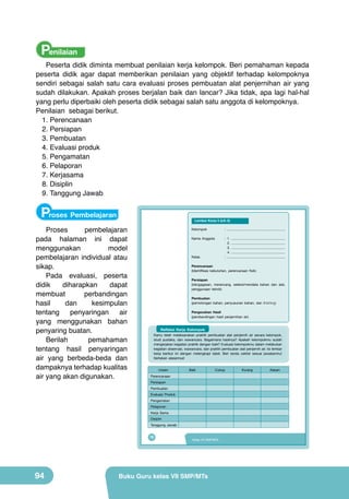 Penilaian

Peserta didik diminta membuat penilaian kerja kelompok. Beri pemahaman kepada
peserta didik agar dapat memberikan penilaian yang objektif terhadap kelompoknya
sendiri sebagai salah satu cara evaluasi proses pembuatan alat penjernihan air yang
sudah dilakukan. Apakah proses berjalan baik dan lancar? Jika tidak, apa lagi hal-hal
yang perlu diperbaiki oleh peserta didik sebagai salah satu anggota di kelompoknya.
Penilaian sebagai berikut.
1.	Perencanaan
2.	Persiapan
3.	Pembuatan
4.	Evaluasi produk
5.	Pengamatan
6.	Pelaporan
7.	Kerjasama
8.	Disiplin
9.	Tanggung Jawab

Proses Pembelajaran

Lembar Kerja 5 (LK-5)

Proses
pembelajaran
pada halaman ini dapat
menggunakan
model
pembelajaran individual atau
sikap.
Pada evaluasi, peserta
didik
diharapkan
dapat
membuat
perbandingan
hasil
dan
kesimpulan
tentang
penyaringan
air
yang menggunakan bahan
penyaring buatan.
Berilah
pemahaman
tentang hasil penyaringan
air yang berbeda-beda dan
dampaknya terhadap kualitas
air yang akan digunakan.

Kelompok

: ..............................................................

Nama Anggota

: 1. .........................................................
2. .........................................................
3. .........................................................
4. .........................................................
: ..............................................................

Kelas

Perencanaan
(Identifikasi kebutuhan, perencanaan fisik)
Persiapan
(ide/gagasan, merancang, seleksi/mendata bahan dan alat,
penggunaan teknik)
Pembuatan
(pemotongan bahan, penyusunan bahan, dan finishing)
Pengecekan Hasil
(pembandingan hasil penjernihan air)

Refleksi Kerja Kelompok

Kamu telah melaksanakan praktik pembuatan alat penjernih air secara kelompok,
studi pustaka, dan wawancara. Bagaimana hasilnya? Apakah kelompokmu sudah
mengerjakan kegiatan praktik dengan baik? Evaluasi kelompokmu dalam melakukan
kegiatan observasi, wawancara, dan praktik pembuatan alat penjernih air. Isi lembar
kerja berikut ini dengan melengkapi tabel. Beri tanda ceklist sesuai jawabanmu!
Sertakan alasannya!
Uraian

Baik

Cukup

Perencanaan
Persiapan
Pembuatan
Evaluasi Produk
Pengamatan
Pelaporan
Kerja Sama
Disiplin
Tanggung Jawab

78

94

Kelas VII SMP/MTs

Buku Guru kelas VII SMP/MTs

Kurang

Alasan

 