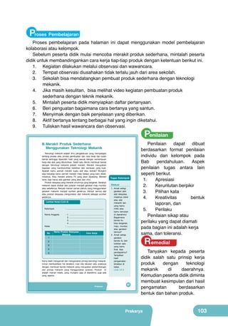 Proses Pembelajaran

Proses pembelajaran pada halaman ini dapat menggunakan model pembelajaran
kolaborasi atau kelompok.
Sebelum peserta didik mulai mencoba merakit produk sederhana, mintalah peserta
didik untuk membandingankan cara kerja tiap-tiap produk dengan ketentuan berikut ini.
1.	 Kegiatan dilakukan melalui observasi dan wawancara.
2.	 Tempat observasi diusahakan tidak terlalu jauh dari area sekolah.
3.	 Sekolah bisa mendatangkan pembuat produk sederhana dengan teknologi 	
	mekanik.
4.	 Jika masih kesulitan, bisa melihat video kegiatan pembuatan produk 		
	
sederhana dengan teknik mekanik.
5.	 Mintalah peserta didik menyiapkan daftar pertanyaan.
6.	 Beri penguatan bagaimana cara bertanya yang santun.
7.	 Menyimak dengan baik penjelasan yang diberikan.
8.	 Aktif bertanya tentang berbagai hal yang ingin diketahui.
9.	 Tuliskan hasil wawancara dan observasi.

Penilaian

B. Merakit Produk Sederhana
Menggunakan Teknologi Mekanik
Teknologi mekanik adalah ilmu pengetahuan yang mempelajari
tentang proses atau prinsip pembuatan dan cara kerja dari suatu
benda sehingga diperoleh hasil yang sesuai dengan kemampuan
kerja dari alat yang dibutuhkan. Salah satu teknik membuat benda
dengan teknologi mekanik adalah merakit. Merakit merupakan
kegiatan yang membutuhkan ketelitian dan kemauan yang kuat.
Apakah kamu pernah merakit suatu alat atau benda? Mungkin
saja keluarga kamu pernah merakit meja belajar yang baru dibeli,
misalnya. Atau merakit antena TV yang akan dipasang. Merakit
tentu saja harus ada gambar yang jelas dan rinci.
Produk rekayasa yang menarik umumnya yang bergerak. Gerakan
mekanik dapat diubah dari putaran menjadi gerakan maju mundur
atau sebaliknya. Banyak mainan zaman dahulu yang menggunakan
gerakan mekanik menjadi sumber geraknya. Hampir semua alat
atau produk rekayasa mengunakan alat mekanik sebagai sumber
geraknya.
Lembar Kerja 2 (LK-2)
Kelompok

: ..............................................................

Nama Anggota

: 1. .........................................................
2. .........................................................
3. .........................................................
4. .........................................................
: ..............................................................

Kelas
No.
1

Nama Produk Rekayasa
Mekanik

Cara Kerja

2
3
4
5
Kamu telah mengamati dan menganalisis prinsip teknologi mekanik.
Untuk membuktikan hal tersebut, mari kita lakukan satu prakarya
dengan membuat benda mekanik yang merupakan perkembangan
dari prinsip mekanik yang menggunakan putaran. Produk ini
adalah mainan klasik, yang mungkin saja di daerahmu juga ada
yang sejenis.

Prakarya

Tugas Kelompok
Diskusi

1. Amati setiap
gerakan alatalat rekayasa,
misalnya robot
atau alat
mekanik lain
yang kamu
miliki atau
kamu temukan
di daerahmu!
Bagaimana
benda itu
bisa bergerak,
maju, mundur,
atau gerakan
lainnya?
2. Amati setiap
gerakan
benda itu dan
tuliskan apa
yang kamu
lihat. Apa
pendapatmu?
Tampilkan
hasil
pengamatan
tersebut di
kelas.
Lihat LK-2

87

Penilaian
dapat
dibuat
berdasarkan format penilaian
individu dan kelompok pada
Bab
pendahuluan.
Aspek
penilaian tugas antara lain
seperti berikut.
1.	
Apresiasi
2.	
Keruntutan berpikir
3.	
Pilihan kata
4.	
Kreativitas
bentuk
laporan, dan
5.	
Perilaku
Penilaian sikap atau
perilaku yang dapat diamati
pada bagian ini adalah kerja
sama, dan toleransi.

Remedial

Tanyakan kepada peserta
didik salah satu prinsip kerja
produk
dengan
teknologi
mekanik
di
daerahnya.
Kemudian peserta didik diminta
membuat kesimpulan dari hasil
pengamatan
berdasarkan
bentuk dan bahan produk.

Prakarya

103

 