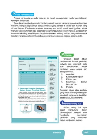 Proses Pembelajaran

Proses pembelajaran pada halaman ini dapat menggunakan model pembelajaran
kelompok atau sikap.
Guru dapat memberikan contoh tentang produk mainan yang menggunakan teknologi
mekanik. Menganalogikannya dengan mainan yang berada di sekitar dan mainan yang
di luar daerah. Pembuatan mainan sekarang pun sudah mulai meninggalkan teknik
manual, walaupun masih ada beberapa yang menggunakan teknik manual. Berdasarkan
informasi teknologi tersebut guru dapat menjelaskan tentang mainan yang sudah masuk
kedalam rangkaian elektronika sebagai penambah wawasan kepada peserta didik.

Tugas Kelompok

Lembar Kerja 3 (LK-3)
Kelompok

: ..............................................................

Nama Anggota

: 1. .........................................................
2. .........................................................
3. .........................................................
4. .........................................................
: ..............................................................

Kelas
No.

Nama Mainan Mekanik

Uraian Cara Kerja

1
2
3
4
5

1. Bahan dan Peralatan Pembuatan
Mainan dengan Teknologi Mekanik
Dalam pembuatan mainan dengan teknologi mekanik, bahan
yang digunakan biasanya adalah bahan jadi yang mempunyai fungsi
sebagai bagian dari mainan. Contohnya adalah tempat baterai
yang digunakan sebagai tempat sumber tenaga untuk mainan yang
menggunakan energi listrik.
Pembuatan mainan dapat menggunakan peralatan mekanik yang
ada di sekitar kamu. Peralatan tersebut biasanya digunakan untuk
melubangi, memotong, menyolder, dan melakukan perakitan.

(Sumber: www.abadiklender.com)

Gambar 4.9 Paku

Diskusi
1. Amati
beberapa
mainan yang
menggunakan
teknologi
mekanik yang
ada di daerah
masingmasing.
2. Kunjungi toko,
tempat, atau
bengkel yang
ada mainan
mekanik.
3. Amati! Ada
berapa jenis
mainan
mekanik?
Tanyakan
bagaimana
cara kerja
mainan
mekanik
tersebut.
Diskusikan
hasil
pengamatan
tersebut di
kelas!
Lihat LK-2

Penilaian
dapat
dibuat
berdasarkan format penilaian
individu dan kelompok pada
Bab
pendahuluan.
Aspek
penilaian tugas antara lain
sebagai berikut.
1.	
Apresiasi
2.	
Keruntutan berpikir
3.	
Pilihan kata
4.	
Kreativitas
bentuk
laporan, dan
5.	
Perilaku
Penilaian sikap atau perilaku
yang dapat diamati pada bagian
ini adalah kerja sama, keaktifan
saat diskusi, dan toleransi.

I nteraksi Orang Tua

(Sumber: Dokumen Kemdikbud)

Gambar 4.10 Solder

Prakarya

Penilaian

91

Himbau orang tua agar
dapat
mendukung
dalam
pembelajaran dengan cara
membantu
menyiapkan
peralatan yang dibutuhkan
dalam pembuatan mainan.

Prakarya

107

 
