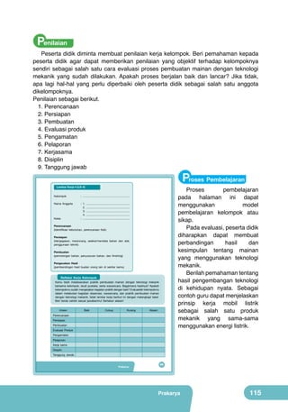 Penilaian

Peserta didik diminta membuat penilaian kerja kelompok. Beri pemahaman kepada
peserta didik agar dapat memberikan penilaian yang objektif terhadap kelompoknya
sendiri sebagai salah satu cara evaluasi proses pembuatan mainan dengan teknologi
mekanik yang sudah dilakukan. Apakah proses berjalan baik dan lancar? Jika tidak,
apa lagi hal-hal yang perlu diperbaiki oleh peserta didik sebagai salah satu anggota
dikelompoknya.
Penilaian sebagai berikut.
1.	Perencanaan
2.	Persiapan
3.	Pembuatan
4.	Evaluasi produk
5.	Pengamatan
6.	Pelaporan
7.	Kerjasama
8.	Disiplin
9.	Tanggung jawab

Proses Pembelajaran

Lembar Kerja 4 (LK-4)
Kelompok
Nama Anggota

Proses
pembelajaran
pada halaman ini dapat
menggunakan
model
pembelajaran kelompok atau
sikap.
Pada evaluasi, peserta didik
diharapkan dapat membuat
perbandingan
hasil
dan
kesimpulan tentang mainan
yang menggunakan teknologi
mekanik.
Berilah pemahaman tentang
hasil pengembangan teknologi
di kehidupan nyata. Sebagai
contoh guru dapat menjelaskan
prinsip kerja mobil listrik
sebagai salah satu produk
mekanik yang sama-sama
menggunakan energi listrik.

: ..............................................................
: 1. .........................................................
2. .........................................................
3. .........................................................
4. .........................................................
: ..............................................................

Kelas

Perencanaan
(Identifikasi	 kebutuhan,	 perencanaan	 fisik)
Persiapan
(ide/gagasan, merancang, seleksi/mendata bahan dan alat,
penggunaan teknik)
Pembuatan
(pemotongan bahan, penyusunan bahan, dan finishing)
Pengecekan Hasil
(pembandingan hasil buatan orang lain di sekitar kamu)

Refleksi Kerja Kelompok

Kamu telah melaksanakan praktik pembuatan mainan dengan teknologi mekanik
bersama kelompok, studi pustaka, serta wawancara. Bagaimana hasilnya? Apakah
kelompokmu sudah mengerjakan kegiatan praktik dengan baik? Evaluasilah kelompokmu
dalam melakukan kegiatan observasi, wawancara, dan praktik pembuatan mainan
dengan teknologi mekanik. Isilah lembar kerja berikut ini dengan melengkapi tabel.
Beri tanda ceklist sesuai jawabanmu! Sertakan alasan!
Uraian

Baik

Cukup

Kurang

Alasan

Perencanaan
Persiapan
Pembuatan
Evaluasi Produk
Pengamatan
Pelaporan
Kerja sama
Disiplin
Tanggung Jawab

Prakarya

99

Prakarya

115

 