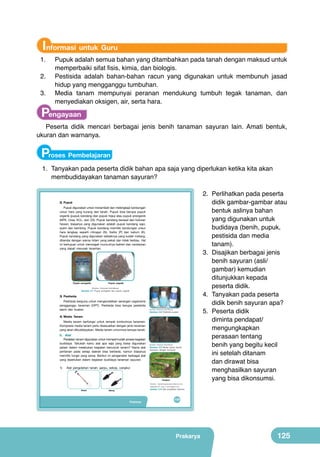 Informasi untuk Guru

1.	
2.	
3.	

Pupuk adalah semua bahan yang ditambahkan pada tanah dengan maksud untuk
memperbaiki sifat fisis, kimia, dan biologis.
Pestisida adalah bahan-bahan racun yang digunakan untuk membunuh jasad
hidup yang mengganggu tumbuhan.
Media tanam mempunyai peranan mendukung tumbuh tegak tanaman, dan
menyediakan oksigen, air, serta hara.

Pengayaan

Peserta didik mencari berbagai jenis benih tanaman sayuran lain. Amati bentuk,
ukuran dan warnanya.

Proses Pembelajaran
1.	 Tanyakan pada peserta didik bahan apa saja yang diperlukan ketika kita akan
membudidayakan tanaman sayuran?

2) Pupuk
Pupuk	digunakan	untuk	menambah	dan	melengkapi	kandungan	
unsur	 hara	 yang	 kurang	 dari	 tanah.	 Pupuk	 bisa	 berupa	 pupuk	
organik	(pupuk	kandang	dan	pupuk	hijau)	atau	pupuk	anorganik	
(NPK,	Urea,	KCL,	dan	ZA).	Pupuk	kandang	berasal	dari	kotoran	
hewan,	 biasanya	 yang	 digunakan	 adalah	 pupuk	 kandang	 sapi,	
ayam	 dan	 kambing.	 Pupuk	 kandang	 memiliki	 kandungan	 unsur	
hara	 lengkap	 seperti	 nitrogen	 (N),	 fosfor	 (P)	 dan	 kalium	 (K).	
Pupuk	kandang	yang	digunakan	sebaiknya	yang	sudah	matang,	
ditandai	dengan	warna	hitam	yang	pekat	dan	tidak	berbau.	Hal	
ini	bertujuan	untuk	mencegah	munculnya	bakteri	dan	cendawan	
yang	 dapat	 merusak	 tanaman.

Pupuk anorganik

Pupuk organik
(Sumber: Dokumen Kemdikbud)

Gambar 5.7 Pupuk anorganik dan pupuk organik

3) Pestisida
Pestisida	berguna	untuk	mengendalikan	serangan	organisme	
pengganggu	 tanaman	 (OPT).	 Pestisida	 bisa	 berupa	 pestisida	
alami	 dan	 buatan.

(Sumber: Dokumen Kemdikbud)

Gambar 5.8 Pestisida buatan

4) Media Tanam
Media	 tanam	 berfungsi	 untuk	 tempat	 tumbuhnya	 tanaman.	
Komposisi	media	tanam	perlu	disesuaikan	dengan	jenis	tanaman	
yang	akan	dibudidayakan.	Media	tanam	umumnya	berupa	tanah.

b. Alat

Peralatan	tanam	digunakan	untuk	mempermudah	proses	kegiatan	
budidaya.	 Tahukah	 kamu	 alat	 apa	 saja	 yang	 biasa	 digunakan	 	
  (Sumber: Dokumen Kemdikbud)
petani	 dalam	 melakukan	 kegiatan	 bercocok	 tanam?	 Nama	 alat	 Gambar 5.9 Media tanam (tanah
dicampur dengan kompos)
pertanian	 pada	 setiap	 daerah	 bisa	 berbeda,	 namun	 biasanya	
memiliki	fungsi	yang	sama.	Berikut	ini	pengenalan	berbagai	alat	
yang	 diperlukan	 dalam	 kegiatan	 budidaya	 tanaman	 sayuran.
1)	

Alat	 pengolahan	 tanah:	 garpu,	 sekop,	 cangkul

Cangkul
(Sumber: Agrotanisupply.www.indiamart.com,

2.	 Perlihatkan pada peserta
didik gambar-gambar atau
bentuk aslinya bahan
yang digunakan untuk
budidaya (benih, pupuk,
pestisida dan media
tanam).
3.	 Disajikan berbagai jenis
benih sayuran (asli/
gambar) kemudian
ditunjukkan kepada
peserta didik.
4.	 Tanyakan pada peserta
didik benih sayuran apa?
5.	 Peserta didik
diminta pendapat/
mengungkapkan
perasaan tentang
benih yang begitu kecil
ini setelah ditanam
dan dirawat bisa
menghasilkan sayuran
yang bisa dikonsumsi.

wikipedia.com, http://1.bp.blogspot.com)

Garpu

Gambar 5.10 Alat pengolahan tanaman

Sekop

Prakarya

109

Prakarya

125

 