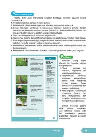 Proses Pembelajaran

Peserta didik akan merancang kegiatan budidaya tanaman sayuran secara
berkelompok.
1
	 .	Kegiatan dilakukan dengan metode diskusi.
2
	 .	Peserta didik dibagi perkelompok dan tentukan ketua setiap kelompok.
3 Setiap kelompok berdiskusi merencanakan kegiatan budidaya dimulai dengan
	.	
menentukan pemilihan tanaman, tempat (lahan/pot), analisa kebutuhan bahan, dan
alat, pembuatan jadwal kegiaatan, juga pembagian tugas.
4
	 .	Guru berkeliling memastikan diskusi berjalan baik.
5
	 .	Ajak semua peserta didik aktif menyampaikan ide saat diskusi. Tuliskan hasil diskusi.
6
	 .	Rancangan kegiatan budidaya yang telah dibuat akan dipresentasikan terlebih dahulu
sebelum memulai kegiatan budidaya tanaman sayuran.
7
	 .	Peserta didik menjelaskan alasan memilih tanaman untuk dibudidayakan dilihat dari
berbagai aspek.
8
	 .	Peserta didik lain memberikan masukan untuk menyempurnakan rencana kegiatan.
	
  

g.	 Perawatan:	
1.	 Penyiraman	dilakukan	secara	
teratur	2	kali	sehari	terutama	
saat	 kemarau.
2.	 Penyiangan	setiap	dua	minggu
3.	 Pembumbunan	 2	 minggu	
setelah	 tanam.
4.	 Pemupukan	dilakukan	14	hari	
setelah	 tanam	 (HST).
5.	 Pengendalian	OPT	dilakukan	
sesuai	dengan	serangan	yang	
terjadi.
	
  

h.	 Kangkung	siap	panen	setelah	
berumur	 27	 hari.

	
  

	
  

i. Panen dengan cara memotong
harus menyisakan 2-3 buku
paling bawah.

1.	 Panen	 dapat	 dilakukan	 2-3	
minggu	 sekali.
2.	 Banyaknya	 panen	 5–11	 kali.

j.	 Pascapanen	

1.	 K a n gk u n g	 h a s il	 pa n e n	
dikumpulkan	sebanyak	15–20	
batang	 dalam	 satu	 ikatan.
2.	 Kangkung	 dicelupkan	 ke	
dalam	air	tawar	bersih	agar	
tetap	 segar.	

Penilaian

Tips
Perhatikan
waktu dan cara
penyiraman!
1.	Penyiraman	
sebaiknya	
dilakukan	 saat	 pagi	
atau	 sore	 hari.
2.	Saat	 tanaman	
masih	 kecil,	
sebaiknya	 gunakan	
sprayer	 untuk	
menyiram	 tanaman	
agar	 tanaman	 tidak	
rusak.
3.	Setelah	 tanaman	
cukup	 kuat,	
penyiraman	 dapat	
menggunakan	
gembor.	 Perhatikan	
jumlah	 air	 yang	
diberikan	 pada	
tanaman.
Perhatikan
pemupukan!
1.	Pemupukan	
dilakukan	 sesuai	
jenis,	 dosis,	 cara	
dan	 waktu.
2.	Lebih	 disarankan	
menggunakan	
pupuk	 organik.

(Sumber: Dokumen Kemdikbud)

Gambar 5.18 Proses budidaya tanaman kangkung

Prakarya

115

Penilaian
yang
dapat
diamati dari kegiatan diskusi
dan presentasi.
1.	Sikap
:
percaya
diri,
toleransi, kerjasama dan
keaktifan saat diskusi.
2.	Pengetahuan:
kerincian,
ketepatan
pengetahuan,
pilihan kata, kreativitas
bentuk
laporan.
Dapat
dilihat dari isi presentasi dan
laporan hasil diskusi.
3.	Keterampilan: kemampuan
presentasi
(suara
dan
cara menjelaskan) dan
penyajian serta kemampuan
mengemukakan pendapat.
Setelah presentasi peserta
didik
diminta
melakukan
self reflection. Peserta didik
lain
memberikan
penilaian
presentasi (lakukan penilaian
antar teman).

Prakarya

131

 