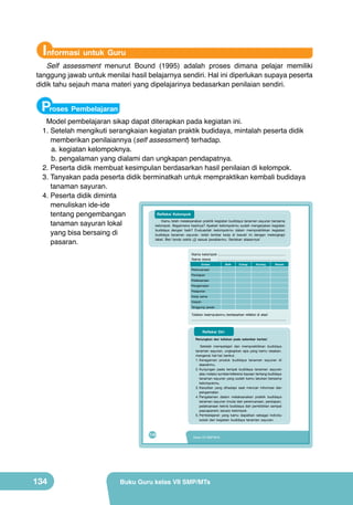 Informasi untuk Guru

Self assessment menurut Bound (1995) adalah proses dimana pelajar memiliki
tanggung jawab untuk menilai hasil belajarnya sendiri. Hal ini diperlukan supaya peserta
didik tahu sejauh mana materi yang dipelajarinya bedasarkan penilaian sendiri.

Proses Pembelajaran

Model pembelajaran sikap dapat diterapkan pada kegiatan ini.
1.	Setelah mengikuti serangkaian kegiatan praktik budidaya, mintalah peserta didik
memberikan penilaiannya (self assessment) terhadap.
a.	kegiatan kelompoknya.
b.	pengalaman yang dialami dan ungkapan pendapatnya.
	 2.	Peserta didik membuat kesimpulan berdasarkan hasil penilaian di kelompok.
3.	Tanyakan pada peserta didik berminatkah untuk mempraktikan kembali budidaya
tanaman sayuran.
4.	Peserta didik diminta
menuliskan ide-ide
Refleksi Kelompok
tentang pengembangan
	 Kamu	telah	melaksanakan	praktik	kegiatan	budidaya	tanaman	sayuran	bersama	
tanaman sayuran lokal
kelompok.	 Bagaimana	 hasilnya?	 Apakah	 kelompokmu	 sudah	 mengerjakan	 kegiatan	
budidaya	 dengan	 baik?	 Evaluasilah	 kelompokmu	 dalam	 mempraktikkan	 kegiatan	
yang bisa bersaing di
budidaya	 tanaman	 sayuran.	 Isilah	 lembar	 kerja	 di	 bawah	 ini	 dengan	 melengkapi	
tabel.	 Beri	 tanda	 ceklis	 (√)	 sesuai	 jawabanmu.	 Sertakan	 alasannya!
pasaran.
Nama	 kelompok	 :.............................................................................
Nama	 siswa	 	 	 	 	 :..............................................................................
Uraian

Baik

Cukup

Kurang

Alasan

Perencanaan
Persiapan
Pelaksanaan	
Pengamatan	
Pelaporan
Kerja	 sama
Disiplin
Tanggung	 jawab

Tuliskan	 kesimpulanmu	 berdasarkan	 refleksi	 di	 atas!		
...........................................................................................................................

Refleksi Diri
Renungkan dan tuliskan pada selembar kertas! 	

Setelah	 mempelajari	 dan	 mempraktikkan	 budidaya	
tanaman	 sayuran,	 ungkapkan	 apa	 yang	 kamu	 rasakan,	
mengenai	 hal-hal	 berikut.
1.	Keragaman	 produk	 budidaya	 tanaman	 sayuran	 di	
daerahmu.
2.	Kunjungan	 pada	 tempat	 budidaya	 tanaman	 sayuran	
atau	melalui	sumber/referensi	bacaan	tentang	budidaya	
tanaman	sayuran	yang	sudah	kamu	lakukan	bersama	
kelompokmu.
3.	Kesulitan	 yang	 dihadapi	 saat	 mencari	 informasi	 dan	
pengamatan.
4.	Pengalaman	 dalam	 melaksanakan	 praktik	 budidaya	
tanaman	sayuran	(mulai	dari	perencanaan,	persiapan,	
pelaksanaan	teknis	budidaya	dari	pembibitan	sampai	
pascapanen)	 secara	 kelompok.
5.	Pembelajaran	 yang	 kamu	 dapatkan	 sebagai	 individu	
sosial	 dari	 kegiatan	 budidaya	 tanaman	 sayuran.

118

134

Kelas VII SMP/MTs

Buku Guru kelas VII SMP/MTs

 