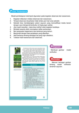 Proses Pembelajaran
Model pembelajaran kelompok digunakan pada kegiatan observasi dan wawancara.
1.	
2.	
3.	
4.	
5.	
6.	
7.	
8.	
9.	

Kegiatan dilakukan melalui observasi dan wawancara.
Tempat observasi diusahakan tidak terlalu jauh dari area sekolah.
Sekolah bisa mendatangkan petani sayuran yang memodifikasi media tanam
dengan cara hidroponik/vertikultur di lingkungan sekitar.
Jika masih kesulitan maka bisa melihat video kegiatan budidaya.
Mintalah peserta didik menyiapkan daftar pertanyaan.
Beri penguatan bagaimana cara bertanya yang santun.
Menyimak dengan baik penjelasan yang diberikan.
Aktif bertanya tentang berbagai hal yang ingin diketahui.
Tuliskan hasil wawancara dan observasi.

Pernahkah	kamu	melihat	tanaman	sayuran	yang	ditanam	secara	
vertikultur?	 Tanaman	 sayuran	 yang	 biasa	 dibudidayakan	 secara	
vertikultur	antara	lain:	selada,	kangkung,	bayam,	pakcoy,	dan	caisim.
	 Model	 dan	 jenis	 wadah	 vertikultur	 sangat	 bervariasi.	 Vertikultur	
umumnya	 dibentuk	 mirip	 anak	 tangga	 dengan	 beberapa	 undakan	
atau	sejumlah	rak.	Bahan	dapat	berupa	bambu	atau	pipa	paralon,	
bahkan	kaleng	bekas.	Inilah	keunggulan	lain	vertikultur	memanfaatkan	
benda-benda	 bekas	 di	 sekitar	 kita.	
	 Teknik	budidaya	vertikultur	hampir	sama	dengan	budidaya	biasa.	
Tahapannya	 ialah	 pembuatan	 wadah	 tanam	 vertikultur,	 pengadaan	
media,	persiapan	bibit,	penanaman,	pemeliharaan,	dan	pemanenan.
Apabila	 kamu	 mempunyai	 tanaman	 sendiri	 dan	 dikonsumsi	
sendiri,	 akan	 lebih	 hemat.	 Bagaimana?	 Berminat	 untuk	 mencoba	
membudidayakan	 tanaman	 sayuran	 dengan	 cara	 vertikultur	 atau	
hidroponik?

Tugas Kelompok
Observasi dan Wawancara!
(Sumber: Dokumen Kemdikbud)

Gambar 5.23 Contoh tanaman
yang ditanam secara vertikultur

Pengayaan

Membuat gambar
vertikultur.

model

Remedial

Mencari berbagai gambar
tentang model vertikultur
tanaman sayuran.

1.	 Kunjungi	tempat	budidaya	tanaman	sayuran	secara	hidroponik	 atau	 vertikultur,	 kemudian	 amati.
2.	 Wawancara	 petani	 dan	 tanyakan	 hal-hal	 berikut.
a.	 Apa	 jenis	 tanaman	 sayuran	 yang	 dibudidayakan?
b.	 Apa	 bahan	 	 dan	 alat	 yang	 diperlukan?	
c.	 Bagaimana	 memilih	 bahan	 yang	 baik?	
d.	 Bagaimana	 teknik	 budidaya	 yang	 dilakukan	 mulai	 pemilihan	 bibit	 sampai	 pascapanen?
e.	 Apa	 kesulitan/tantangan	 yang	 dihadapi	 dalam	 melaksanakan	 budidaya?
f.	 Apa	 keunggulan	 budidaya	 tanaman	 dengan	 teknik	
modifikasi	 media	 yang	 dilakukan?	
g.	 Pertanyaan	 lain	 yang	 kamu	 anggap	 penting.
3.	 Jika	tidak	ada	tempat	budidaya	secara	hidroponik	dan	vertikultur	di	lingkunganmu,	carilah	informasi	dari	buku	sumber	
atau	 media	 lainya	 (video	 tentang	 budidaya	 tersebut)!
4.	 Tulislah	laporan	hasil	observasimu.	Sertakan	gambar	untuk	
visualisasinya.	 (Lihat	 LK-8)
5.	 Presentasikan	 hasil	 observasi	 dan	 wawancara	 di	 depan	
kelas!	 	

Prakarya

123

Prakarya

139

 