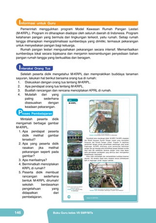 Informasi untuk Guru

Pemerintah menggulirkan program Model Kawasan Rumah Pangan Lestari
(M-KRPL). Program ini diharapkan diadopsi oleh seluruh daerah di Indonesia. Program
ketahanan pangan yang bermula dari lingkungan terkecil, yaitu rumah. Setiap rumah
tangga diharapkan mengoptimalisasi sumberdaya yang dimiliki, termasuk pekarangan
untuk menyediakan pangan bagi keluarga.
Rumah pangan lestari mengusahakan pekarangan secara intensif. Memanfaatkan
sumberdaya lokal secara bijaksana dan menjamin kesinambungan penyediaan bahan
pangan rumah tangga yang berkualitas dan beragam.

I nteraksi Orang Tua

Setelah peserta didik mengetahui M-KRPL dan mempraktikan budidaya tanaman
sayuran, lakukan hal berikut bersama orang tua di rumah:	
1.	 Diskusikan dengan orang tua tentang M-KRPL.
2.	 Apa pendapat orang tua tentang M-KRPL.
3.	 Buatlah rancangan dan rencana menciptakan KPRL di rumah.
4.	 Mulailah
dari
yang
paling
sederhana
Info
M-KRPL
disesuaikan
dengan
keadaan pekarangan.

Proses Pembelajaran

Mintalah peserta didik
mengamati berbagai gambar
M-KRPL.
1.	Apa pendapat peserta
didik melihat gambar
tersebut?
2.	Apa yang peserta didik
rasakan
jika
melihat
pekarangan seperti pada
gambar?
3.	Apa manfaatnya?
4.	Berminatkah menciptakan
KRPL di rumah?
5.	Peserta didik membuat
rancangan
sederhana
bentuk M-KRPL dirumah/
sekolah
berdasarkan
pengetahuan
yang
didapatkan
dari
pembelajaran.

146

	
   Gambar 5.28 Budidaya	 secara	 hidropinik	 di	 pekarangan
(Sumber:	 Dokumen	 Kemdikbud)	

Pernahkah	kamu	mendengar	istilah		M-KRPL?	M-KRPL	singkatan	
	
dari	 Model	 Kawasan	 Rumah	 Pangan	 Lestari	 yang	 merupakan	
himpunan	 dari	 Rumah	 Pangan	 Lestari.	 Program	 ini	 digulirkan	
pemerintah	 dengan	 prinsip	 pemanfaatan	 pekarangan	 yang	 ramah	
lingkungan.	 M-KRPL	 dirancang	 untuk	 pemenuhan	 kebutuhan	
pangan	dan	gizi	keluarga	serta	diversifikasi	pangan	berbasis	sumber	
daya	 lokal	 dan	 pelestarian	 tanaman	 pangan	 untuk	 masa	 depan	
serta	 peningkatan	 pendapatan	 yang	 akhirnya	 akan	 meningkatkan	
kesejahteraan	 masyarakat.
Kamu	telah	mempelajari	dan	mempraktikkan	budidaya	tanaman	
sayuran.	 Hal	 tersebut	 dapat	 kamu	 terapkan	 secara	 berkelanjutan	
baik	 di	 lingkungan	 rumah	 maupun	 sekolah.	

	
  

(Sumber:	 Dinas	 Pertanian	 dan	 Ketahanan	
Pangan	 Kota	 Sukabumi)	

Gambar 5.29.a Warung	 hidup	
di	 pekarangan

130

(Sumber:	 Dinas	 Pertanian	 dan	 Ketahanan	 Pangan	 Kota	 Sukabumi)	

Gambar 5.29.b Pemanfaatan	 pekarangan	 di	 daerah	 Kota	 Sukabumi

Kelas VII SMP/MTs

Buku Guru kelas VII SMP/MTs

 