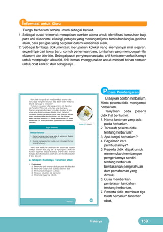 Informasi untuk Guru

Fungsi herbarium secara umum sebagai berikut.
1.	Sebagai pusat referensi; merupakan sumber utama untuk identifikasi tumbuhan bagi
para ahli taksonomi, ekologi, petugas yang menangani jenis tumbuhan langka, pecinta
alam, para petugas yang bergerak dalam konservasi alam.
2.	Sebagai lembaga dokumentasi; merupakan koleksi yang mempunyai nilai sejarah,
seperti tipe dari taksa baru, contoh penemuan baru, tumbuhan yang mempunyai nilai
ekonomi dan lain-lain. Sebagai pusat penyimpanan data; ahli kimia memanfaatkannya
untuk mempelajari alkaloid, ahli farmasi menggunakan untuk mencari bahan ramuan
untuk obat kanker, dan sebagainya .

Proses Pembelajaran

Kamu telah mengenal dan mengidentifikasi tanaman obat.
Kamu dapat mengoleksi tanaman obat dalam bentuk herbarium.
Tahukah kamu apa itu herbarium?
Herbarium merupakan istilah yang pertama kali digunakan
oleh Turnefor (1700) untuk tumbuhan yang dikeringkan.
Tanaman yang telah dikeringkan kemudian dilekatkan di atas
kertas serta dicatatnya sebagai koleksi ilmiah. Herbarium
merupakan kegiatan pengawetan yang biasa dilakukan sebagai
sarana mengidentifikasi jenis tumbuhan. Ada tiga tahapan
dalam membuat herbarium: (1). tahap pengumpulan; (2). tahap
pengeringan; (3). tahap pembuatan (menempel dan menuliskan
informasi).

(Sumber: botanicallyspeaking.wordpress.com)

Gambar 6.12 Herbarium

Tugas Individu
Membuat Herbarium
1. Carilah tanaman obat yang ada di sekitarmu! Buatlah
herbarium dari tanaman tersebut!
2. Gunakan berbagai sumber media untuk melengkapi informasi
tentang herbarium.
Kamu telah melakukan observasi dan wawancara kegiatan
budidaya tanaman obat yang ada di lingkunganmu. Berikut ini
diuraikan bagaimana tahapan budidaya tanaman obat. Tanaman
obat yang akan dibudidayakan adalah jahe. Jahe bisa dibudidayakan
di lahan atau pot.

C. Tahapan Budidaya Tanaman Obat
1. Perencanaan
a) Menentukan jenis tanaman obat yang akan dibudidayakan
b) Menentukan wadah untuk budidaya tanaman obat
c) Membuat jadwal kegiatan budidaya
d) Menyusun kebutuhan alat dan bahan
e) Menentukan tugas tiap individu

Prakarya

143

Disajikan contoh herbarium.
Minta peserta didik mengamati
herbarium.
Tanyakan pada peserta
didik hal berikut ini.
1
	 .	Nama tanaman yang ada
pada herbarium.
2
	 .	Tahukah peserta didik
tentang herbarium?
3
	 .	Apa fungsi herbarium?
	4.	 Bagaiman cara
pembuatannya?
5
	 .	Peserta didik diajak untuk
menemukan/membangun
pengertiannya sendiri
tentang herbarium
berdasarkan pengetahuan
dan pemahaman yang
dimiliki.
	6.	 Guru memberikan
penjelasan tambahan
tentang herbarium.
7
	 .	Peserta didik membuat tiga
buah herbarium tanaman
obat.

Prakarya

159

 