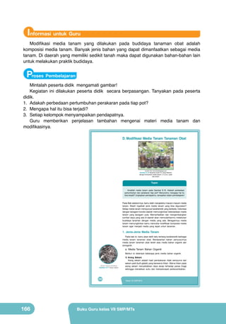Informasi untuk Guru
Modifikasi media tanam yang dilakukan pada budidaya tanaman obat adalah
komposisi media tanam. Banyak jenis bahan yang dapat dimanfaatkan sebagai media
tanam. Di daerah yang memiliki sedikit tanah maka dapat digunakan bahan-bahan lain
untuk melakukan praktik budidaya.

Proses Pembelajaran
Mintalah peserta didik mengamati gambar!
Kegiatan ini dilakukan peserta didik secara berpasangan. Tanyakan pada peserta
didik.
1.	 Adakah perbedaan pertumbuhan perakaran pada tiap pot?
2.	 Mengapa hal itu bisa terjadi?
3.	 Setiap kelompok menyampaikan pendapatnya.
Guru memberikan penjelasan tambahan mengenai materi media tanam dan
modifikasinya.
D.	Modifikasi	 Media	 Tanam	 Tanaman	 Obat
	
  

(sumber: http://www.mkrplkotajogya.com

Gambar 6.16 Tanaman buah Tin yang ditanam
dengan komposisi media tanam cocopeat, pasir
dan tanah.

Tugas
Amatilah media tanam pada Gambar 6.16. Adakah perbedaan
pertumbuhan dan perakaran tiap pot? Menurutmu mengapa hal itu
bisa terjadi? Ungkapkan pendapatmu, sampaikan dalam pembelajaran!

Pada Bab sebelumnya, kamu telah mengetahui macam-macam media
tanam. Masih ingatkah jenis media tanam yang bisa digunakan?
Setiap media tanam mempunyai karakteristik yang berbeda. Indonesia
dengan beragam kondisi daerah memungkinkan ketersediaan media
tanam yang beragam pula. Memanfaatkan dan mengembangkan
sumber daya yang ada di daerah akan memudahkanmu melakukan
budidaya tanaman dengan media yang ada. Beragamnya media
tanam memungkinkan kamu mencoba modifikasi komposisi media
tanam agar menjadi media yang tepat untuk tanaman.

1. Jenis-Jenis Media Tanam
Pada bab ini, kamu akan lebih tahu tentang karakteristik berbagai
media tanam tanaman obat. Berdasarkan bahan penyusunnya
media tanam tanaman obat terdiri atas media bahan organik dan
anorganik.

a. Media Tanam Bahan Organik
Berikut ini deskripsi beberapa jenis media bahan organik.

	
  

(Sumber: Dokumen Kemdikbud)

Gambar 6.17 Arang sekam

150

166

1) Arang Sekam
Arang sekam adalah hasil pembakaran tidak sempurna dari
sekam padi (kulit gabah) yang berwarna hitam. Warna hitam pada
arang sekam menyebabkan daya serap terhadap panas tinggi
sehingga menaikkan suhu dan mempercepat perkecambahan.

Kelas VII SMP/MTs

Buku Guru kelas VII SMP/MTs

 