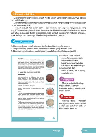 Informasi untuk Guru

Media tanam bahan organik adalah media tanam yang bahan penyusunnya berasal
dari makhluk hidup.
Media tanam bahan anorganik adalah media tanam yang bahan penyusunnya adalah
bahan sintetis (kimiawi).
Hidrogel terbuat dari bahan polimer dan memiliki kemampuan menyerap air yang
tinggi. Tanaman yang bisa ditanam dalam media hidrogel memiliki kriteria tertentu, antara
lain tahan genangan, tahan kelembapan, bisa tumbuh tanpa sinar matahari langsung,
tidak berkayu dan umumnya tidak berbunga atau tidak berbuah.

Proses Pembelajaran
1.	Guru membawa contoh atau gambar berbagai jenis media tanam.
2.	Tanyakan pada peserta didik nama media tanam yang mereka tahu.
3.	Guru menyebutkan jenis media tanam yang belum diketahui peserta didik .
2) Kompos
Kompos merupakan zat akhir proses fermentasi tumpukan
sampah/serasah tanaman. Kandungan utama kompos adalah
bahan organik tanah yang dapat memperbaiki kondisi tanah.
Bahan-bahan organik yang dapat dikomposkan contohnya:
limbah organik rumah tangga, kotoran/limbah peternakan, limbah
pertanian, dan limbah agroindustri. Ciri-ciri kompos yang baik,
yaitu: berwarna cokelat, berstruktur remah, gembur, dan berbau
daun lapuk. Keuntungan menggunakan kompos, yaitu:
a.
mengembalikan kesuburan tanah,
b. mengurangi tumbuhnya tumbuhan pengganggu,
c.
tersedia secara mudah, murah, dan relatif cepat.

	
  

(Sumber: Dokumen Kemdikbud)

Gambar 6.18 Kompos

3) Sabut Kelapa
Sabut kelapa (coco peat) yang digunakan sebagai media
tanam biasanya berasal dari kelapa yang sudah tua karena
memiliki serat yang kuat. Sabut kelapa sebagai media tanam
sebaiknya digunakan di daerah bercurah hujan rendah agar
sabut tidak mudah lapuk. Sabut kelapa mampu menyimpan air
dengan kuat sehingga sesuai untuk daerah panas, namun sabut
kelapa mudah berjamur.

b. Media Tanam Bahan Anorganik

	
  

Pengayaan

(sumber: Kemdikbud)

Gambar 6.19 Sabut kelapa
(sumber: Dokumen Kemdikbud)

Berikut ini adalah deskripsi jenis-jenis media tanam bahan
anorganik.
1) Gel
Gel atau hydrogel adalah kristal polimer yang biasa digunakan
sebagai pengganti tanah. Biasanya gel digunakan sebagai
media tanaman indoor karena warnanya beragam dan dapat
memperindah ruangan. Gel juga sering digunakan nursery saat
pengiriman tanaman jarak jauh karena gel mampu menyimpan
air dalam jumlah sangat banyak.
2) Pasir
Pasir memiliki kapasitas kelembapan sangat rendah dan kandungan
hara rendah. Pasir cukup baik dijadikan sebagai media tanam karena
dapat menciptakan kondisi aerasi yang baik. Pasir yang biasa
digunakan sebagai media tanam adalah pasir malang dan pasir kali.
Pasir pantai tidak disarankan untuk digunakan karena memiliki kadar
garam tinggi serta tidak baik bagi tanaman yang ditunjukkan dengan
gejala terbakar dan menyebabkan kematian.

Prakarya

4.	Peserta didik diminta
mengelompokkan media
tanam berdasarkan
bahan penyusunnya dan
kesamaan karakteristiknya.
5.	Mengamati dan
membedakan ciri-ciri setiap
media tanam.

	
  

Mengamati ciri-ciri setiap
media tanam. Mencari
informasi tentang karakteristik
media tanam.

(Sumber: Dokumen Kemdikbud)

Gambar 6.20 Hidrogel

	
  

(Sumber: Dokumen Kemdikbud)

Gambar 6.21 Pasir

Remedial

Peserta didik
memberi
nama jenis media tanam sesuai
contoh dan sebutkan satu ciri
khas media tersebut.

151

Prakarya

167

 