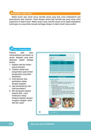 Informasi untuk Guru

Media tanam atau tanah harus memiliki aerasi yang baik untuk metabolisme dan
pertumbuhan akar tanaman. Tanah dengan aerasi baik memiliki gas yang cukup untuk
organisme di dalam tanah. Media tanam yang memiliki aerasi buruk dapat disebabkan
kandungan air yang terlalu banyak sehingga oksigen di dalam tanah hanya sedikit.

Proses Pembelajaran

Peserta
didik
akan
mempraktikkan percobaan uji
aerasi. Kegiatan yang akan
dilakukan adalah sebagai
berikut.
1.	 Siapkan alat dan bahan
sesuai petunjuk.
2.	 Tuliskan setiap hasil
pengamatan pada lembar
pengamatan yang telah
disediakan.
3.	 Ambil gambar atau
gambarkan setiap
tahapan kegiatan.
4.	 Apa kesimpulanmu dari
hasil percobaan?
5.	 Beri penguatan kepada
peserta didik untuk
melakukan setiap
tahapan kegiatan dengan
sungguh-sungguh, tekun
teliti dan sabar.

Lembar Kerja 9 (LK-9)
Nama siswa : .................................................................................
Kelas
: .................................................................................
Uji Kemampuan Media Mengikat Air
No.

Media Tanam

Banyaknya air
yang jatuh

1.
2.
3.
Apa kesimpulanmu berdasarkan hasil percobaan tersebut?

______________________________________________________________

Tugas Kelompok
Percobaan 2 Uji Aerasi
1. Alat dan Bahan
Botol air mineral sedang (600 cc), 3 jenis media tanam, tiga
buah balon, 3 buah baskom, kertas label, dan air.

	
  

2. Langkah-langkah
a. Lubangi bagian dasar botol air mineral.
b. Masukkan setiap contoh media ke dalam botol plastik.
Berilah label pada tiap botol. Kemudian, letakkan di atas
baskom yang berisi air.
c. Tiup balon dengan ukuran yang sama. Secara bersamaan,
letakkan balon yang sudah ditiup pada mulut botol.
d. Amati pada media mana balon masih mengembang
dengan baik. (Lihat LK-10)

(Sumber: Dokumen Kemdikbud)

Gambar 6.24. Uji aerasi

154

170

Waktu
jatuhnya air

Kelas VII SMP/MTs

Buku Guru kelas VII SMP/MTs

(Sumber: http://sripurworejo.blogspot.com)

Gambar 6.25. Uji aerasi

 