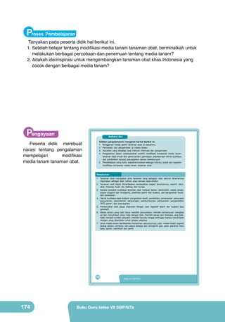 Proses Pembelajaran

Tanyakan pada peserta didik hal berikut ini.
1.	Setelah belajar tentang modifikasi media tanam tanaman obat, berminatkah untuk
melakukan berbagai percobaan dan penemuan tentang media tanam?
2.	Adakah ide/inspirasi untuk mengembangkan tanaman obat khas Indonesia yang
cocok dengan berbagai media tanam?

Pengayaan

Refleksi Diri

Peserta didik membuat
narasi tentang pengalaman
mempelajari
modifikasi
media tanam tanaman obat.

Tuliskan pengalamanmu mengenai hal-hal berikut ini.
1. Keragaman media tanam tanaman obat di daerahmu.
2. Percobaan dan pengamatan uji media tanam.
3. Kesulitan yang dihadapi saat mencari informasi dan pengamatan.
4. Pengalaman dalam melaksanakan praktik modifikasi komposisi media tanam
tanaman obat (mulai dari perencanaan, persiapan, pelaksanaan teknis budidaya
dari pembibitan sampai pascapanen) secara berkelompok.
5. Pembelajaran yang kamu dapatkan/rasakan sebagai individu sosial dari kegiatan
modifikasi komposisi media tanam tanaman obat.

Rangkuman
1. Tanaman obat merupakan jenis tanaman yang sebagian atau seluruh tanamannya
digunakan sebagai obat, bahan, atau ramuan obat-obatan.
2. Tanaman obat dapat dimanfaatkan berdasarkan bagian tanamannya, seperti: daun,
akar, rimpang, buah, biji, batang, dan bunga.
3. Sarana produksi budidaya tanaman obat meliputi bahan: benih/bibit, media tanam,
pupuk (organik dan anorganik), pestisida (alami dan buatan), alat pengolahan tanah,
dan perawatan.
4. Teknik budidaya obat meliputi: pengolahan tanah, pembibitan, penanaman, perawatan
(penyiraman, penyulaman, penyiangan, pembumbunan, pemupukan, pengendalian
OPT) panen, dan pascapanen.
5. Perbanyakan bibit dapat dilakukan dengan cara vegetatif (alami dan buatan) atau
generatif.
6. Media tanam yang baik harus memiliki persyaratan: memiliki kemampuan mengikat
air dan menyimpan unsur hara dengan baik, memiliki aerasi dan drainase yang baik,
tidak menjadi sumber penyakit, memiliki banyak rongga sehingga mampu menyimpan
oksigen yang diperlukan untuk proses respirasi.
7. Jenis media tanam berdasarkan komponen penyusunnya, yaitu: media tanam organik
(arang sekam, kompos, dan sabut kelapa) dan anorganik (gel, pasir, pecahan batu
bata, spons, vermikulit dan perlit)

158

174

Kelas VII SMP/MTs

Buku Guru kelas VII SMP/MTs

 