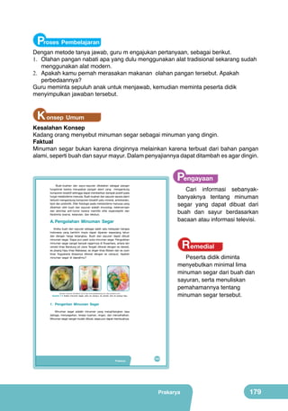 Proses Pembelajaran

Dengan metode tanya jawab, guru m engajukan pertanyaan, sebagai berikut.
1.	 Olahan pangan nabati apa yang dulu menggunakan alat tradisional sekarang sudah
menggunakan alat modern.
2.	 Apakah kamu pernah merasakan makanan olahan pangan tersebut. Apakah
perbedaannya?
Guru meminta sepuluh anak untuk menjawab, kemudian meminta peserta didik
menyimpulkan jawaban tersebut.

K onsep Umum

Kesalahan Konsep
Kadang orang menyebut minuman segar sebagai minuman yang dingin.
Faktual
Minuman segar bukan karena dinginnya melainkan karena terbuat dari bahan pangan
alami, seperti buah dan sayur mayur. Dalam penyajiannya dapat ditambah es agar dingin.

Pengayaan

Buah-buahan dan sayur-sayuran dikatakan sebagai pangan
fungsional karena merupakan pangan alami yang mengandung
komponen bioaktif sehingga dapat memberikan dampak positif pada
fungsi metabolisme manusia. Buah-buahan dan sayuran secara alami
terbukti mengandung komponen bioaktif yaitu mineral, antioksidan,
lipid dan probiotik. Efek fisiologis pada metobolisme manusia yang
diberikan oleh buah dan sayuran adalah imunologi, ketercernaan
dan aktivitas anti-tumor karena memiliki sifat organoleptik dan
fisiokimia (warna, kelarutan, dan tekstur).

Cari informasi sebanyakbanyaknya tentang minuman
segar yang dapat dibuat dari
buah dan sayur berdasarkan
bacaan atau informasi televisi.

A. Pengolahan Minuman Segar
Aneka buah dan sayuran sebagai salah satu kekayaan bangsa
Indonesia yang beriklim tropis dapat dipanen sepanjang tahun
dan dengan harga terjangkau. Buah dan sayuran dapat dibuat
minuman segar. Siapa pun pasti suka minuman segar. Pengolahan
minuman segar sangat banyak ragamnya di Nusantara, antara lain
cendol khas Bandung (di Jawa Tengah dikenal dengan es dawet),
es pisang hijau khas Makassar, es doger khas Betawi dan es oyen
khas Yogyakarta (biasanya dikenal dengan es campur). Apakah
minuman segar di daerahmu?
	
  

	
  

Remedial

Peserta didik diminta
menyebutkan minimal lima
minuman segar dari buah dan
sayuran, serta menuliskan
pemahamannya tentang
minuman segar tersebut.

	
  

(Sumber: Dokumen Kemdikbud, 2013; http://www.abadibandung.com; http://yukbisnis.com)

Gambar 7.4 Aneka minuman segar, yaitu es campur, es cendol, dan es pisang hijau

1. Pengertian Minuman Segar
Minuman segar adalah minuman yang menghilangkan rasa
dahaga, menyegarkan, terasa nyaman, ringan, dan menyehatkan.
Minuman segar sangat mudah dibuat, siapa pun dapat membuatnya.

Prakarya

163

Prakarya

179

 