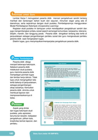 Informasi untuk Guru

Lembar Kerja-1 menugaskan peserta didik mencari pengetahuan sendiri tentang
manfaat dan kandungan bahan buah dan sayuran, minuman segar yang ada di
daerahnya, serta sejarahnya dengan studi pustaka. Pembelajarannya menggunakan
Model Pembelajaran Kelompok (Cooperative Learning).
Kegiatan studi pustaka ini bertujuan untuk mendapatkan pengetahuan sendiri dan
juga mengembangkan prilaku sosial seperti semangat komunikasi, kerjasama, toleransi,
disiplin, mandiri, dan tanggung jawab. Peserta didik diingatkan tentang tata tertib di
perpustakaan sebagai pengembangan perilaku sosial dan guru mengevaluasi perilaku
peserta didik saat mengerjakan tugas.
Diakhir tugas, guru menyimpulkan/memperjelas pengetahuan peserta didik.

Proses Pembelajaran

Peserta didik dibagi
menjadi beberapa kelompok.
Sebelum peserta didik
melakukan studi pustaka,
guru meminta peserta didik
mempelajari perintah tugas
dan lembar kerja dahulu. Tidak
lupa untuk mengingatkan tata
tertib bekerja di perpustakaan,
sebagai pengembangan
sikap sosialnya. Kemudian
peserta didik diminta untuk
membuat laporan dan
mempresentasikannya di
kelas.

Tugas Kelompok
Observasi/Studi Pustaka
Amati lingkunganmu!
1. Datalah minuman segar berbahan buah dan sayuran yang ada di daerahmu.
2. Teliti bahan buah dan sayuran yang ada pada minuman segar tersebut, serta
kandungan/manfaat dari buah dan sayuran tersebut!
3. Apa manfaat bagian lain dari buah dan sayuran pada minuman segar tersebut?
4. Bagaimana latar belakang atau sejarah keberadaan minuman segar tersebut?
5. Saat melakukan observasi dan wawancara, hendaknya kamu bersikap ramah,
berbicara sopan, bekerja sama dan toleransi dengan teman kelompokmu.
6. Jika tidak bisa observasi, carilah dari buku sumber. Perhatikan tata tertib saat
melakukan studi pustaka di perpustakaan! (Lihat LK-1)

Lembar Kerja 1 (LK-1 )
Kelompok
: .................................................................................................................................
Nama Anggota : ................................................................................................................................
Kelas
: ................................................................................................................................
Mengidentifikasi karakteristik buah dan sayuran
Nama Minuman
Segar

Penilaian

Kandungan/Manfaat

Sejarah/
Latar belakang

2. Manfaat dan Kandungan Buah Kelapa

Aspek yang dinilai
dari tugas kelompok studi
pustaka, yaitu apresiasi,
keruntunan berpikir, ketepatan
pengetahuan, pilihan kata,
kreativitas bentuk laporan, dan
perilaku.

180

Bahan Buah/Sayur yang
Digunakan

(Sumber: http://2.bp.blogspot.com)

Gambar 7.5 Es Kelapa Muda

164

Sudahkah kamu melakukan observasi dan wawancara minuman
segar yang ada di lingkunganmu? Di Jakarta, produk minuman
segar yang biasa dijual di mana-mana antara lain es kelapa muda,
es buah campur (sop buah), dan jus (sari buah/sayur). Berikut ini
diuraikan salah satu manfaat dan kandungan pada buah kelapa.
Indonesia dikenal dengan hasil pangan kelapa. Nama lain dari
kelapa adalah grambil (Jawa), kambil (Sulawesi Utara), dan lain-lain.
Minuman segar es kelapa muda sangat disukai oleh semua orang
baik anak-anak maupun orang tua karena merupakan minuman
yang sangat nikmat di saat musim panas ataupun di saat berbuka
puasa. Kelapa sangat banyak manfaatnya. Air kelapa hijau dapat
digunakan untuk menyembuhkan orang yang keracunan. Selain
itu, semua bagian kelapa dapat dimanfaatkan untuk kepentingan
Kelas VII SMP/MTs

Buku Guru kelas VII SMP/MTs

 