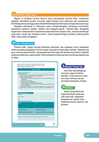 Informasi untuk Guru

Bagian ini terdapat Lembar Kerja-2 yang menugaskan peserta didik melakukan
kegiatan identifikasi produk minuman segar dengan cara observasi dan wawancara.
Pembelajarannya menggunakan Model Pembelajaran Kelompok (Cooperative Learning).
Kegiatan identifikasi ini bertujuan untuk mengembangkan semangat komunikasi,
kerjasama, toleransi, disiplin, mandiri, dan tanggung jawab. Peserta didik diingatkan
bagaimana melaksanakan wawancara saat observasi dengan baik, menjadi pendengar
yang baik, ramah dan bersikap santun. Untuk pengembangan perilaku sosial peserta
didik harus selalu diingatkan.

Proses Pembelajaran

Peserta didik dibagi menjadi beberapa kelompok, lalu tugaskan untuk melakukan
observasi pada pedagang minuman segar yang ada di lingkungan sekolah. Sebelumnya
guru meminta peserta didik mempelajari perintah tugas dan lembar kerja dahulu. Setelah
observasi dilakukan, peserta didik membuat laporan observasi dan mempresentasikannya
di kelas.

I nteraksi Orang Tua

manusia, mulai dari akar, daun, batang dan buahnya. Pilihan
minuman segar es kelapa muda hanya sebuah contoh saja yang
umumnya dikenal masyarakat Indonesia.

Tugas Kelompok

Jika tidak ada pedagang
minuman segar di sekitar
sekolah, minta bantuan orang
tua untuk mencarinya dan
mendemonstrasikan di kelas.

Observasi dan Wawancara
Amati lingkunganmu!
1. Belilah satu jenis minuman segar yang merupakan khas daerahmu. Wawancarai
penjual dan telitilah pembuatan minuman segar tersebut.
2. Tanyakan beberapa hal berikut!
a. Apa bahan yang diperlukan? Bagaimana memilih bahan yang baik? Apa bahan
pemanisnya?
b. Apa alat yang digunakan?
c. Bagaimana proses pembuatannya?
d. Apa dan bagaimana kemasan dan penyajiannya?
e. Catat keselamatan kerja dan hal khusus yang harus menjadi perhatian saat
proses pembuatannya.
3. Saat melakukan observasi dan wawancara, hendaknya kamu bersikap ramah,
berbicara sopan, bekerja sama, dan toleransi dengan teman kelompokmu. (Lihat
LK-2)

Penilaian

Aspek yang dinilai dari
tugas kelompok observasi,
yaitu kerincian, ketepatan
pengetahuan, pilihan kata,
kreativitas bentuk laporan, dan
perilaku.

Lembar Kerja 2 (LK-2)
Kelompok

: .................................................................................................................................

Nama Anggota : ................................................................................................................................
Kelas

: ................................................................................................................................

Laporan Observasi dan Wawancara
Bahan

Alat

•
•
•

•
•
•

Proses Pembuatan

Kemasan dan Penyajian

(Gambar dan tuliskan prosesnya)

(Gambar dan tuliskan bahan dan caranya)

Catatan khusus saat proses pembuatan (keselamatan kerja, tips, dan lain-lain).
...........................................................................................................................................................

............................................................................................................................................................

Prakarya

165

Prakarya

181

 