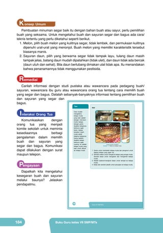 K onsep Umum

Pembuatan minuman segar baik itu dengan bahan buah atau sayur, perlu pemilihan
buah yang seksama. Untuk mengetahui buah dan sayuran segar dan bagus ada cara/
teknis tertentu yang perlu diketahui seperti berikut.
1.	Melon, pilih buah melon yang kulitnya segar, tidak lembek, dan permukaan kulitnya
dipenuhi urat-urat yang menonjol. Buah melon yang memiliki karakteristik tersebut
biasanya manis.
2.	Sayuran daun, pilih yang berwarna segar tidak tampak layu, tulang daun masih
tampak jelas, batang daun mudah dipatahkan (tidak ulet), dan daun tidak ada bercak
(daun utuh dan sehat). Bila daun berlubang dimakan ulat tidak apa. Itu menandakan
bahwa penanamannya tidak menggunakan pestisida.

Remedial

Carilah informasi dengan studi pustaka atau wawancara pada pedagang buah/
sayuran, wawancara ibu guru atau wawancara orang tua tentang cara memilih buah
yang segar dan bagus. Datalah sebanyak-banyaknya informasi tentang pemilihan buah
dan sayuran yang segar dan
bagus.
Tips

I nteraksi Orang Tua

Komunikasikan
dengan
orang tua yang menjadi
komite sekolah untuk meminta
kesediaannya
berbagi
pengalaman dalam memilih
buah dan sayuran yang
segar dan bagus. Komunikasi
dapat dilakukan dengan surat
maupun telepon.

Cara mudah
mengetahui
kelapa muda
yang baik adalah
dengan memukulmukul kelapa
dengan golok.
Apabila kelapanya
berbunyi agak
berat, kelapa
tersebut masih
muda sekali
(daging kelapanya
hanya sedikit).
Apabila kelapa
berbunyi agak
nyaring, itu adalah
kelapa muda yang
baik untuk dibuat
es kelapa muda.

Pengayaan

Alat:

	
  

	
  

	
  

1

	
  

3

184

4

(Sumber: Dokumen Kemdikbud)

Gambar 7.7 Bahan es kelapa muda.

1. Golok untuk membelah kelapa muda dan pengeruk untuk
daging kelapa yang agak tua.
2. Sendok makan untuk mengeruk kelapa yang sangat muda.
Sendok besar untuk mengaduk dan mengambil kelapa
muda.
3. Wadah baskom/mangkuk besar untuk tempat es kelapa
muda.
4. Gelas dan sendok plastik untuk penyajian es kelapa muda.

Dapatkah kita mengetahui
kesegaran buah dan sayuran
melalui baunya? Jelaskan
pendapatmu.

168

2

Kelas VII SMP/MTs

Buku Guru kelas VII SMP/MTs

 