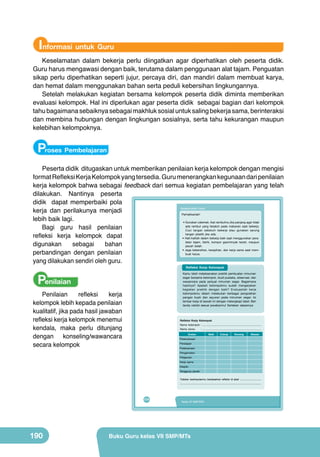 Informasi untuk Guru
Keselamatan dalam bekerja perlu diingatkan agar diperhatikan oleh peserta didik.
Guru harus mengawasi dengan baik, terutama dalam penggunaan alat tajam. Penguatan
sikap perlu diperhatikan seperti jujur, percaya diri, dan mandiri dalam membuat karya,
dan hemat dalam menggunakan bahan serta peduli kebersihan lingkungannya.
Setelah melakukan kegiatan bersama kelompok peserta didik diminta memberikan
evaluasi kelompok. Hal ini diperlukan agar peserta didik sebagai bagian dari kelompok
tahu bagaimana sebaiknya sebagai makhluk sosial untuk saling bekerja sama, berinteraksi
dan membina hubungan dengan lingkungan sosialnya, serta tahu kekurangan maupun
kelebihan kelompoknya.

Proses Pembelajaran
Peserta didik ditugaskan untuk memberikan penilaian kerja kelompok dengan mengisi
format Refleksi Kerja Kelompok yang tersedia. Guru menerangkan kegunaan dari penilaian
kerja kelompok bahwa sebagai feedback dari semua kegiatan pembelajaran yang telah
dilakukan. Nantinya peserta
didik dapat memperbaiki pola
Keselamatan Kerja
kerja dan perilakunya menjadi
Perhatikanlah!
lebih baik lagi.
• Gunakan celemek. Ikat rambutmu jika panjang agar tidak
ada rambut yang terjatuh pada makanan saat bekerja.
Bagi guru hasil penilaian
Cuci tangan sebelum bekerja atau gunakan sarung
tangan plastik jika ada.
refleksi kerja kelompok dapat
• Hati-hatilah dalam bekerja baik saat menggunakan peralatan tajam, listrik, kompor gas/minyak tanah, maupun
digunakan
sebagai
bahan
pecah belah.
• Jaga kebersihan, kerapihan, dan kerja sama saat memperbandingan dengan penilaian
buat karya.
yang dilakukan sendiri oleh guru.
Refleksi Kerja Kelompok

Penilaian

Kamu telah melaksanakan praktik pembuatan minuman
segar bersama kelompok, studi pustaka, observasi, dan
wawancara pada penjual minuman segar. Bagaimana
hasilnya? Apakah kelompokmu sudah mengerjakan
kegiatan praktik dengan baik? Evaluasilah kerja
kelompokmu dalam melakukan berbagai pengolahan
pangan buah dan sayuran pada minuman segar. Isi
lembar kerja di bawah ini dengan melengkapi tabel. Beri
tanda ceklist sesuai jawabanmu! Sertakan alasannya

Penilaian
refleksi
kerja
kelompok lebih kepada penilaian
kualitatif, jika pada hasil jawaban
refleksi kerja kelompok menemui
kendala, maka perlu ditunjang
dengan konseling/wawancara
secara kelompok

Refleksi Kerja Kelompok

Nama kelompok : ................................................................................
Nama siswa

: ................................................................................

Uraian

Baik

Cukup

Kurang

Alasan

Perencanaan
Persiapan
Pelaksanaan
Pengamatan
Pelaporan
Kerja sama
Disiplin
Tanggung jawab
Tuliskan kesimpulanmu berdasarkan refleksi di atas! ................................
............................................................................................................................

174

190

Kelas VII SMP/MTs

Buku Guru kelas VII SMP/MTs

 