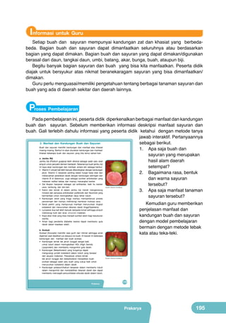 Informasi untuk Guru

Setiap buah dan sayuran mempunyai kandungan zat dan khasiat yang berbedabeda. Bagian buah dan sayuran dapat dimanfaatkan seluruhnya atau berdasarkan
bagian yang dapat dimakan. Bagian buah dan sayuran yang dapat dimakan/digunakan
berasal dari daun, tangkai daun, umbi, batang, akar, bunga, buah, ataupun biji.
Begitu banyak bagian sayuran dan buah yang bisa kita manfaatkan. Peserta didik
diajak untuk bersyukur atas nikmat beranekaragam sayuran yang bisa dimanfaatkan/
dimakan.
Guru perlu menguasai/memiliki pengetahuan tentang berbagai tanaman sayuran dan
buah yang ada di daerah sekitar dan daerah lainnya.

Proses Pembelajaran
Pada pembelajaran ini, peserta didik diperkenalkan berbagai manfaat dan kandungan
buah dan sayuran. Sebelum memberikan informasi deskripsi manfaat sayuran dan
buah. Gali terlebih dahulu informasi yang peserta didik ketahui dengan metode tanya
jawab interaktif. Pertanyaannya
2. Manfaat dan Kandungan Buah dan Sayuran
sebagai berikut.
Buah dan sayuran memiliki kandungan dan manfaat atau khasiat
1.	 Apa saja buah dan
masing-masing. Berikut ini akan diuraikan kandungan dan manfaat/
khasiat beberapa buah dan sayuran yang kita temui sehari-hari.
sayuran yang merupakan
a. Jambu Biji
Jambu biji (Psidium guajava) lebih dikenal sebagai salah satu obat
hasil alam daerah
ampuh untuk penyakit demam berdarah. Sebenarnya buah jambu biji
ini kaya akan kandungan dan manfaat, antara lain sebagai berikut.
setempat?
• Vitamin C empat kali lebih banyak dibandingkan dengan kandungan
jeruk. Vitamin C berperan penting dalam fungsi kerja otak dan
2.	 Bagaimana rasa, bentuk
melancarkan peredaran darah dengan kandungan astringen dan
vitamin B di dalamnya. Juga sebagai sumber antioksidan yang
dan warna sayuran
melawan radikal bebas dan mampu menangkal kanker.
• Zat likopen berperan sebagai zat antikanker, baik itu kanker
tersebut?
usus, lambung, dan lain-lain.
• Kalori dan lemak di dalam jambu biji merah mengandung
3.	 Apa saja manfaat tanaman
mineral dan senyawa antioksidan polifenolik dan flavonoid yang
bermanfaat untuk meningkatkan daya tahan tubuh.
sayuran tersebut?
• Kandungan serat yang tinggi mampu memperlancar proses
	
  

(Sumber: Dokumen Kemdikbud)

pencernaan dan mampu melindungi membran mukosa usus.
• Serat pektin yang mempunyai manfaat menurunkan tingkat
kolesterol dan menurunkan tekanan darah tinggi/hipertensi.
• Lycopene dua kali lebih banyak daripada tomat sehingga ampuh
melindungi kulit dari sinar ultraviolet matahari.
• Kaya akan folat yang bisa menjadi sumber alami bagi kesuburan
wanita.
• Aman bagi penderita diabetes karena dapat membantu gula
darah dalam keadaan stabil.

b. Avokad
Avokad (Avocado) memiliki rasa gurih dan nikmat sehingga amat
digemari saat dijadikan jus ataupun es buah. Di bawah ini beberapa
kandungan dan manfaat dari buah avokad.
• Kandungan lemak tak jenuh tunggal sangat baik
untuk tubuh dalam meningkatkan HDL (High Density
Lipoprotein) dan membantu mengontrol gula darah.
• Kandungan Betasitosterol yang fungsinya dapat
mengurangi jumlah kolesterol dalam tubuh yang berasal
dari asupan makanan. Perpaduan antara lemak
tak jenuh tunggal dan betasitosterol menjadikan buah
avokad sebagai salah satu buah yang cukup baik untuk
menurunkan kolesterol dalam darah.
• Kandungan potasium/kalium berperan dalam membantu tubuh
dalam mengontrol dan menstabilkan tekanan darah dan dapat
membantu mencegah penyumbatan sirkulasi darah dalam tubuh.

Prakarya

Kemudian guru memberikan
penjelasan manfaat dan
kandungan buah dan sayuran
dengan model pembelajaran
bermain dengan metode tebak
kata atau teka-teki.

	
  

(Sumber: Dokumen Kemdikbud)

179

Prakarya

195

 