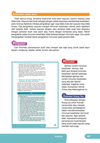Informasi untuk Guru
Tidak semua orang, terutama anak-anak suka akan sayuran, karena rasanya yang
tidak enak. Sayuran dan buah sebagai pangan nabati yang kaya manfaat bagi kesehatan,
perlu kiranya dipikirkan trik/tips pengolahan agar rasa tidak enak dari sayuran bisa tidak
terasa. Tips pengolahan sayuran menjadi minuman kesehatan nikmat, perlu dipahami
oleh peserta didik bahwa sayuran dengan rasa dominan tidak enak bisa dicampur
dengan penawar buah rasa asam atau manis dengan komposisi yang tepat. Teknik
pengolahan pada minuman kesehatan tidak berbeda dengan minuman segar. Guru perlu
mengingatkan kembali teknik pengolahan minuman pada peserta didik .

Pengayaan

Cari informasi percampuran buah atau rempah apa saja yang cocok pada sayur
bayam, kangkung, selada, wortel, buncis, dan pokcai.

Remedial

• Kaya akan mineral, memiliki kandungan zat besi, magnesium,
serta fosfor yang tinggi yang sangat dibutuhkan oleh tulang
agar tetap sehat dan bisa meningkatkan fungsi ginjal.
• Kaya akan asam folat (vitamin B9) yang dapat mencegah
anemia, baik untuk wanita hamil karena dapat mencegah bayi
kekurangan berat badan dan cacat lahir.
• Mengandung karotenoid, vitamin C, dan juga bioflavonoids
yang terdapat di dalam jagung manis dapat membantu untuk
menjaga jantung tetap sehat dengan cara mengendalikan kadar
kolesterol di dalam darah serta meningkatkan sirkulasi darah di
dalam tubuh.

Berikan contoh minuman
kesehatan lainnya. Gali
lebih jauh tentang minuman
kesehatan daerah setempat.
Manfaatkan gambar dan
contoh minuman kesehatan
yang ada dari daerah
setempat. Ingatkan untuk
selalu mensyukuri nikmat
Tuhan atas keberagaman ini.

3. Teknik dan Kemasan Pengolahan Minuman
Kesehatan dari Buah dan Sayuran

Pada dasarnya, teknik pengolahan minuman dari buah dan sayuran,
baik itu untuk minuman segar maupun minuman kesehatan,
adalah sama seperti diuraikan di subbab sebelumnya yaitu
merebus, mengukus, menghaluskan, mencampur, dan menyaring/
memeras. Demikian pula untuk wadah/tempat pengemasan maupun
penyajian minuman segar dan minuman kesehatan pada prinsipnya
menggunakan bahan yang sama.

I nteraksi Orang Tua

Tips
Beberapa tips dalam pembuatan jus sayuran dan buah, antara
lain seperti berikut ini.
a. Pilihlah buah dan sayuran yang masih segar dan kulit/daunnya masih mulus agar kandungan vitaminnya masih utuh.
b. Buah/sayuran perlu dikupas dan dicuci bersih agar aman
dikonsumsi (menghilangkan pestisida).
c. Agar bau langu dari sayuran hilang, setelah sayuran dicuci,
berikan tambahan jeruk lemon. Misalnya, untuk membuat
jus dari 5 batang wortel, tambahkan air perasan dari 1
4
jeruk lemon. Kita juga dapat menambahkan buah nanas
untuk menghilangkan bau atau rasa langu jus sayuran
karena buah nanas yang mencolok dapat membuat nikmat. Untuk pemanis rasa jus sayur, gunakan madu agar
nikmatnya jus sayuran makin sempurna.
d. Perhatikan kondisi dan kebersihan gelas blender. Jika
pisau blender sudah berkarat dan pisau blendernya
kotor sebaiknya blender jangan digunakan karena akan
menyebabkan penyakit.
e. Perhatikan komposisi takaran bahan campuran jus buah,
sayuran, dan bahan pemanis agar sesuai dengan tujuan
pencegahan atau pemeliharaan kesehatan tubuh.

Prakarya

181

Komunikasikan dengan
Orang tua untuk mencari
narasumber atau menjadi
narasumber pembelajaran
dalam mendemontrasikan
minuman kesehatan dari buah
dan sayuran. Agar peserta
didik memahami komposisi
percampuran buah/rempah
yang cocok pada sayuran yang
memiliki rasa langu.

Prakarya

197

 