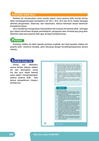 Informasi untuk Guru

Refleksi diri dimaksudkan untuk menilai sejauh mana peserta didik menilai dirinya
telah mempelajari/tercapai Kompetensi Inti (KI-1, KI-2, KI-3 dan KI-4) melalui berbagai
aktivitas pengamatan, observasi, dan wawancara, diskusi kelompok sesuai ketentuan
Kompetensi Dasar.
Guru hendaknya menganalisis hasil jawaban dari evaluasi diri peserta didik , sehingga
guru dapat menentukan langkah pembelajaran, pengayaan atau remedial apa yang akan
diberikan pada para peserta didik agar tercapai kompetensinya.

Penilaian

Penilaian refleksi diri lebih kepada penilaian kualitatif, jika hasil jawaban refleksi diri
peserta didik menemui kendala, perlu ditunjang dengan konseling/wawancara secara
individu.

I nteraksi Orang Tua

Orang
tua
diberitahu
secara tertulis adanya refleksi
diri dan diharapkan orang
tua dan guru dapat bekerja
sama dalam mengembangkan
potensi peserta didik
baik
secara pengetahuan maupun
perilakunya.

3. Perhatikan tahapan pembuatan produk dalam bekerja.
4. Tuliskan semua tahapan pembuatan karyamu secara lengkap
dan menarik. Misalnya bahan dan alat yang digunakan.
proses pembuatannya, kemasan maupun penyajiannya,
serta tips dan hal khusus yang perlu diperhatikan. (gunakan LK-6 di atas)
5. Ungkapkan pendapatmu, hal apa yang kamu rasakan dan
pengalaman apa yang kamu dapatkan saat mengerjakan
tugas ini. Apa kesulitan dan kesenangan yang ditemui?
Tuliskan ungkapan perasaan/pengalamanmu dengan
terbuka dan jujur.
6. Minta guru dan temanmu untuk memberikan penilaian.
7. Presentasikan/ceritakan hasil tugas ini pada temanmu di
kelas.

Refleksi Diri
Renungkan dan tuliskan!
Dalam mempelajari tentang pengolahan pangan minuman
segar dari buah-buahan dan sayuran, ungkapan manfaat
dan apa yang kamu rasakan.
1. Keragaman produk pengolahan minuman kesehatan
dari buah-buahan dan sayuran di daerahmu.
2. Kunjungan pada tempat penjualan/pembuatan
produk pengolahan minuman kesehatan dari buah
dan sayuran.
3. Pengalaman yang menyenangkan saat mencari
informasi di tempat yang dikunjungi (saat melakukan
observasi dan wawancara dengan penjual/narasumber
dan bekerja sama dengan teman di kelompok).
4. Kesulitan yang dihadapi saat mencari informasi di
tempat yang dikunjungi (saat melakukan observasi
dan wawancara dengan penjual/narasumber dan
bekerja sama dengan teman di kelompok).
5. Pengalaman dalam membuat produk minuman kesehatan dengan kreativitas sendiri dan bekerja sendiri
(mulai dari perencanaan, persiapan, pembuatan dan
pemasaran).
6. Manfaat apa yang kamu dapatkan/rasakan sebagai
individu sosial, setelah mempelajari pengolahan
minuman kesehatan.

190

206

Kelas VII SMP/MTs

Buku Guru kelas VII SMP/MTs

 
