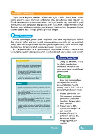 Informasi untuk Guru

Tugas untuk kegiatan sekolah dimaksudkan agar potensi peserta didik dalam
bidang prakarya dapat ditumbuh kembangkan atau berpartisipasi pada kegiatan ini.
Guru Prakarya dapat memanfaatkan acara ini sebagai remedial bagi peserta didik yang
membutuhkan dan pengayaan bagi peserta didik yang telah tercapai kompetensinya.
Selain itu tugas ini bisa menjadi ajang untuk belajar kewirausahaan dan pengembangan
karakter peserta didik sebagai generasi penerus bangsa.

Proses Pembelajaran

Secara berkelompok, peserta didik ditugaskan untuk studi lingkungan yaitu mencari
data minuman olahan apa yang menjadi kesukaan para peserta didik dan warga sekolah
lainnya. Hasil temuannya tersebut menjadi tugas untuk pembuatan olahan minuman segar
dan kesehatan dengan mengikuti prosedur pembuatan minuman olahan.
Produknya diharapkan dapat dipasarkan pada kegiatan sekolah tersebut, di mana nanti
keuntungan penjualan bisa digunakan untuk keperluan sekolah atau kegiatan sosial sekolah.

I nteraksi Orang Tua

Tugas untuk Kegiatan Sekolah

Orang tua diberitahu secara
tertulis tentang kegiatan
sekolah ini. Orangtua dan
guru sama-sama menilai karya
peserta didik.

Kerja Kelompok
Tentunya di sekolahmu ada bazar atau kegiatan khusus lainnya.
Coba untuk berpartisipasi pada kegiatan sekolahmu dengan
membuatkan karya pengolahan yang telah kamu pelajari.
1. Buat sebuah kelompok.
2. Ciptakan kreativitas karya pengolahan pangan baik itu minuman segar maupun minuman kesehatan. Amati lingkungan
dan wawancarai apa yang menjadi minat teman-teman dan
warga sekolah secara umum!
3. Ciptakan dan berkreasi pada pembuatan kemasan dari
karya pengolahanmu dengan unik agar menarik untuk dijual.
4. Hasil penjualanmu bisa kamu gunakan untuk kegiatan sosial
sekolahmu atau melengkapi keperluan kelas bersama.

Penilaian

Guru menyiapkan catatan
untuk penilaian aktivitas
pengamatan dari masingmasing peserta didik. Indikator
penilaiannya sebagai berikut:

Rangkuman

1. Pengolahan pangan adalah teknologi yang berperan penting dalam memenuhi kebutuhan masyarakat selaku konsumen.
2. Peran teknologi pengolahan pangan dalam bentuk perancangan produk, pengolahan
bahan baku, tindak pengawetan, pengemasan, penyimpanan, dan pemasaran serta
distribusi produk ke konsumen.
3. Buah dan sayuran merupakan sumber vitamin dan serat alami yang berguna bagi
tubuh dan kesehatan.
4. Buah dan sayuran dikatakan sebagai pangan fungsional karena mengandung komponen bioaktif yang memberikan dampak positif pada fungsi metabolisme manusia.
5. Minuman segar adalah minuman yang menghilangkan rasa dahaga, menyegarkan,
terasa nyaman, ringan, dan menyehatkan.
6. Fungsi kemasan yang utama adalah untuk melindungi produk dari kontaminasi
bahan-bahan berbahaya dan mikroba di lingkungan agar aman untuk dikonsumsi
dan mempunyai waktu simpan yang cukup lama.
7. Pengertian minuman kesehatan adalah minuman yang dapat menghilangkan rasa
dahaga dan mempunyai efek menguntungkan terhadap kesehatan tubuh, baik untuk
mencegah, mengobati, maupun menjaga kesehatan secara prima jika dikonsumsi
secara rutin.
8. Kandungan vitamin dan mineral pada buah dan sayuran berguna untuk mengatur
berbagai proses dalam tubuh, membantu pembentukan energi, serta proses berpikir.

Prakarya

191

1.	 Proses pembuatan 50%
(perencanaan, persiapan
pembuatan (kreativitas,
keunikan) dan penyajian,
serta kemasan.
2.	 Produk jadinya 30%
(bentuk/tampilan produk
dan rasanya)
3.	 Perilaku /Sikap 20%
(toleransi, percaya diri,
kerjasama, disiplin,
tanggung jawab, dan
mandiri)

Prakarya

207

 