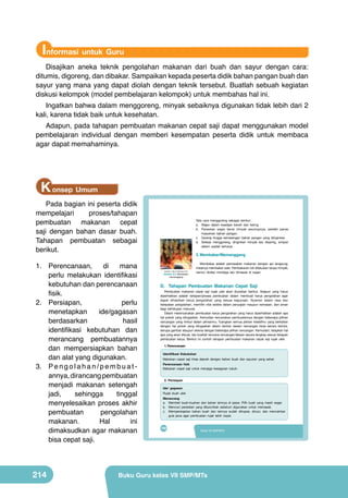 Informasi untuk Guru
Disajikan aneka teknik pengolahan makanan dari buah dan sayur dengan cara:
ditumis, digoreng, dan dibakar. Sampaikan kepada peserta didik bahan pangan buah dan
sayur yang mana yang dapat diolah dengan teknik tersebut. Buatlah sebuah kegiatan
diskusi kelompok (model pembelajaran kelompok) untuk membahas hal ini.

Ingatkan bahwa dalam menggoreng, minyak sebaiknya digunakan tidak lebih dari 2
kali, karena tidak baik untuk kesehatan.
Adapun, pada tahapan pembuatan makanan cepat saji dapat menggunakan model
pembelajaran individual dengan memberi kesempatan peserta didik untuk membaca
agar dapat memahaminya.

K onsep Umum
Pada bagian ini peserta didik
mempelajari
proses/tahapan
pembuatan makanan cepat
saji dengan bahan dasar buah.
Tahapan pembuatan sebagai
berikut.
1.	 Perencanaan,
di
mana
perlu melakukan identifikasi
kebutuhan dan perencanaan
fisik.
2.	 Persiapan,
perlu
menetapkan
ide/gagasan
berdasarkan
hasil
identifikasi kebutuhan dan
merancang pembuatannya
dan mempersiapkan bahan
dan alat yang digunakan.
3.	 P e n g o l a h a n / p e m b u a t annya, dirancang pembuatan
menjadi makanan setengah
jadi,
sehingga
tinggal
menyelesaikan proses akhir
pembuatan
pengolahan
makanan.
Hal
ini
dimaksudkan agar makanan
bisa cepat saji.

214

Peta Materi

VIII

Tata cara menggoreng sebagai berikut.
a. Wajan dalam keadaan bersih dan kering
b. Panaskan wajan berisi minyak secukupnya, setelah panas
masukkan bahan pangan.
c. Goreng hingga kematangan bahan pangan yang diinginkan.
d. Selesai menggoreng, dinginkan minyak lalu disaring, simpan
dalam wadah tertutup.

3. Membakar/Memanggang

	
  

Pengolahan Makanan Cepat Saji dari
Membakar adalah pemasakan makanan dengan api langsung,
Buah dan Sayuran
(sumber: http://rimanews.com)

Gambar 8.5 Membakar/
memanggang

misalnya membakar sate. Pembakaran roti dilakukan tanpa minyak,
namun diolesi mentega lalu dimasak di wajan.

D. Tahapan Pembuatan Makanan Cepat Saji
Karakteristik
Penyajian dan
Pengertian
Proses Pembuatan
Pembuatan(Jenis, manfaat, saji rujak Teknik
makanan cepat
ulek akan diuraikan berikut. Adapun yang harus
Kemasan
kandungan)
diperhatikan adalah tahapan/proses pembuatan dalam membuat karya pengolahan agar
dapat dihasilkan karya pengolahan yang sesuai kegunaan. Nyaman dalam rasa dan
ketepatan pengolahan, memiliki nilai estetis dalam penyajian maupun kemasan, dan aman
bagi kehidupan manusia.
Dalam merencanakan pembuatan karya pengolahan yang harus diperhatikan adalah apa
hal pokok yang ditugaskan. Kemudian rencanakan pembuatannya dengan beberapa pilihan
rancangan yang timbul dalam pikiranmu. Tuangkan semua pikiran kreatifmu yang berkaitan
dengan hal pokok yang ditugaskan dalam bentuk desain rancangan kerja secara tertulis,
berupa gambar ataupun skema dengan beberapa pilihan rancangan. Kemudian, tetapkan hal
apa yang akan dibuat, lalu buatlah rencana rancangan/desain secara lengkap sesuai tahapan
pembuatan karya. Berikut ini contoh tahapan pembuatan makanan cepat saji rujak ulek.
1. Perencanaan

Tujuan Pembelajaran

Identifikasimempelajari bab VIII peserta didik mampu:
Setelah Kebutuhan
Makanan cepat saji pendapat tentang keragaman hasil pengolahan makanan cepat
1. menyatakan khas daerah dengan bahan buah dan sayuran yang sehat.

saji buah dan
Perencanaan fisik sayuran sebagai ungkapan rasa bangga dan wujud rasa syukur
kepada saji untuk menjaga Indonesia.
Makanan cepatTuhan serta bangsakesegaran tubuh.

2. mengidentifikasi jenis, bahan, alat, dan proses makanan cepat saji buah
dan sayuran yang terdapat di wilayah setempat berdasarkan rasa ingin tahu

dan peduli lingkungan.
2. Persiapan

3. merancang olahan makanan cepat saji buah dan sayuran berdasarkan

orisinalitas ide yang jujur terhadap diri sendiri.
Ide/ gagasan

4. membuat,
Rujak buah ulek menguji, dan mempresentasikan karya makanan cepat saji buah

dan sayuran di wilayah setempat berdasarkan teknik dan prosedur yang

Merancang
tepat dengan disiplin dan tanggung jawab.
a. Membeli buah-buahan dan bahan lainnya di pasar. Pilih buah yang masih segar.
b. Mencuci peralatan yang dibutuhkah sebelum digunakan untuk memasak.
c. Mempersiapkan bahan buah dan lainnya sudah dikupas, dicuci, dan mencairkan
gula jawa agar pembuatan rujak lebih cepat.

192

198

PRAKARYA SMP/MTs Kelas 7
Kelas VII SMP/MTs

Buku Guru kelas VII SMP/MTs

 