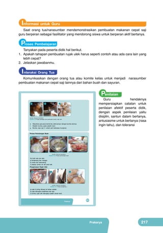 Informasi untuk Guru

Saat orang tua/narasumber mendemonstrasikan pembuatan makanan cepat saji
guru berperan sebagai fasilitator yang mendorong siswa untuk berperan aktif bertanya.

Proses Pembelajaran

Tanyakan pada peserta didik hal berikut.
1.	 Apakah tahapan pembuatan rujak ulek harus seperti contoh atau ada cara lain yang
lebih cepat?
2.	 Jelaskan jawabanmu.

I nteraksi Orang Tua

Komunikasikan dengan orang tua atau komite kelas untuk menjadi narasumber
pembuatan makanan cepat saji lainnya dari bahan buah dan sayuran.

Penilaian

	
  

e

f

Guru
hendaknya
mempersiapkan catatan untuk
penilaian afektif peserta didik,
dengan aspek penilaian yaitu
disiplin, santun dalam bertanya,
antusiasme untuk bertanya (rasa
ingin tahu), dan toleransi

g

(sumber: Dokumen Kemdikbud)

Gambar 8.9 Proses persiapan dan pembuatan bumbu rujak ulek

e. Masukkan gula jawa kental lalu ulek/campur dengan bumbu lainnya.
f. Wadahi bumbu pada plastik kecil.
g. Bumbu siap saji (1 cobek jadi beberapa bungkus).
Proses Pemotongan Buah
	
  

a

	
  

	
  

b

c

(sumber: Dokumen Kemdikbud)

Gambar 8.10 Proses pemotongan buah

Iris buah satu per satu:
a) bengkuang dan mangga;
b) nanas dan kedondong;
c) pepaya, jambu air, dan jeruk bali.

	
  

Pengemasan Rujak Ulek
a

b

c

(sumber: Dokumen Kemdikbud)

Gambar 8.11 Proses pengemasan

a) rujak di piring dituang ke kertas cokelat;
b) rujak dibungkus sederhana dan rapi;
c) bumbu rujak ulek dibungkus plastik ukuran kecil.

Prakarya

201

Prakarya

217

 