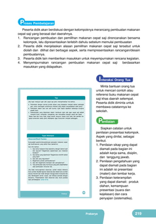 Proses Pembelajaran
Peserta didik akan berdiskusi dengan kelompoknya merancang pembuatan makanan
cepat saji yang berasal dari daerahnya.
1.	 Rancangan pembuatan dan pemilihan makanan cepat saji direncanakan bersama
kelompok, lalu dipresentasikan terlebih dahulu sebelum memulai pembuaatan
2.	 Peserta didik menjelaskan alasan pemilihan makanan cepat saji tersebut untuk
diolah dan dilihat dari berbagai aspek, serta mempresentasikan rancangan/desain
pembuatannya.
3.	 Peserta didik lain memberikan masukkan untuk meyempurnakan rencana kegiatan.
4.	 Menyempurnakan rancangan pembuatan makanan cepat saji
berdasarkan
masukkan yang didapatkan.

I nteraksi Orang Tua
Tips
Jika ingin menjual rujak ulek cepat saji perlu memperhatikan hal berikut.
a. Perkirakan dengan cermat jumlah bahan yang disiapkan menjadi olahan setengah
jadi, untuk mencegah tumbuhnya mikroba yang dapat menyebabkan sakit perut.
b. Perkirakan dalam satu kali ulek bumbu rujak dapat dijadikan beberapa bungkus
plastik kecil.
c. Keterampilan yang diperlukan dalam membuat rujak ulek agar cepat saji adalah
mengiris buah, mengulek, mengemas, dan menyajikan dengan cepat dan tepat.
Selain rasa dan mutu rujak, sikap ramah, senyum, sopan tutur kata, dan perilaku kepada konsumen selalu perlu diterapkan agar konsumen menjadi pelanggan.

Tugas Kelompok
Observasi/Studi Pustaka
Kunjungilah gerai/rombong/tempat penjualan makanan cepat
saji buah/sayuran yang sehat khas daerahmu!
Cari info berikut.
1. Apa nama makanan khas daerahmu dengan bahan buah
dan sayuran? Bagaimana sejarah/asal usul makanan
tersebut?
2. Apa bahan yang diperlukan? Bagaimana memilih bahan
yang baik?
3. Apa alat yang digunakan?
4. Bagaimana proses pembuatannya?
5. Apa dan bagaimana kemasan dan penyajiannya?
6. Tips pembuatan atau hal khusus yang perlu diperhatikan
saat pembuatan minuman tsb.
Jika tidak memungkinkan observasi, carilah melalui referensi
buku sumber. Buatlah laporan observasi atau telaah buku sumber
secara menarik dan indah dengan menggunakan komputer jika
ada. Bersikaplah ramah, sopan, dan bekerja samalah dengan
temanmu. Presentasikan hasil observasi atau studi pustaka
saat pembelajaran. (Lihat LK-3)

Prakarya

203

Minta bantuan orang tua
untuk mencari contoh atau
referensi buku makanan cepat
saji khas daerah setempat.
Peserta didik diminta untuk
membawa catatannya ke
sekolah.

Penilaian
Siapkan catatan untuk
penilaian presentasi kelompok.
Aspek yang dinilai, sebagai
berikut.
1.	Penilaian sikap yang dapat
diamati pada bagian ini
adalah kerja sama, disiplin,
dan tanggung jawab.
2.	Penilaian pengetahuan yang
dapat diamati pada bagian
ini adalah isi presentasi
(materi) dan lembar kerja.
3.	Penilaian keterampilan
yang dapat diamati: produk
olahan, kemampuan
presentasi (suara dan
kejelasan) dan cara
penyajian (sistematika).

Prakarya

219

 