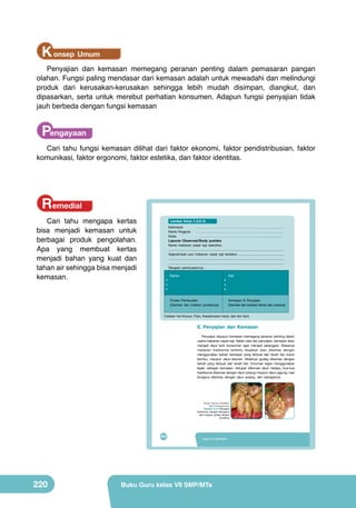 K onsep Umum
Penyajian dan kemasan memegang peranan penting dalam pemasaran pangan
olahan. Fungsi paling mendasar dari kemasan adalah untuk mewadahi dan melindungi
produk dari kerusakan-kerusakan sehingga lebih mudah disimpan, diangkut, dan
dipasarkan, serta untuk merebut perhatian konsumen. Adapun fungsi penyajian tidak
jauh berbeda dengan fungsi kemasan

Pengayaan
Cari tahu fungsi kemasan dilihat dari faktor ekonomi, faktor pendistribusian, faktor
komunikasi, faktor ergonomi, faktor estetika, dan faktor identitas.

Remedial
Cari tahu mengapa kertas
bisa menjadi kemasan untuk
berbagai produk pengolahan.
Apa yang membuat kertas
menjadi bahan yang kuat dan
tahan air sehingga bisa menjadi
kemasan.

Peta Materi

VIII

Lembar Kerja 3 (LK-3)
Kelompok
: ..……………………….……………………………………………............................……
Nama Anggota
: ..……………………….……………………………………………............................……
Kelas
: ..……………………….……………………………………………..........................……
Laporan Observasi/Study pustaka
Nama makanan cepat saji daerahku :
.................................................................................................................................
Sejarah/asal usul makanan cepat saji tersebut: ...................................................
.................................................................................................................................
.................................................................................................................................
Pengolahan Makanan Cepat Saji dari
Tahapan pembuatannya :
Buah dan Sayuran
•
•
•

Bahan

Karakteristik
Pengertian
(Jenis, manfaat,
Proses Pembuatan
kandungan)
(Gambar dan tuliskan prosesnya)

•
•
•

Alat

Penyajian dan
Teknik
Proses Pembuatan
Kemasan
Kemasan & Penyajian
(Gambar dan tuliskan bahan dan caranya)

Catatan hal khusus: (Tips, Keselamatan kerja, dan lain-lain)

E. Penyajian dan Kemasan
Penyajian ataupun kemasan memegang peranan penting dalam
usaha makanan cepat saji. Selain rasa dan penyajian, kemasan akan
menjadi daya tarik konsumen agar menjadi pelanggan. Biasanya
makanan tradisional tertentu disajikan atau dikemas dengan
menggunakan bahan kemasan yang terbuat dari tanah liat, buluh
Tujuan Pembelajaran
bambu, maupun daun-daunan. Misalnya gudeg dikemas dengan
Setelah mempelajari bab VIII terbuat dari tanah liat; minuman legen menggunakan
kendil yang peserta didik mampu:
1. menyatakan pendapat tentang keragaman hasildikemas daunmakanan kue-kue
pengolahan kelapa, cepat
legen sebagai kemasan; ketupat
saji buah dan sayuran sebagai ungkapan rasa bangga dan wujud rasa syukur
tradisional dikemas dengan daun pisang maupun daun jagung; nasi
kepada Tuhan serta bangsa Indonesia.
bungkus dikemas dengan daun pisang, dan sebagainya.

2. mengidentifikasi jenis, bahan, alat, dan proses makanan cepat saji buah
	
  
dan sayuran yang terdapat di wilayah setempat berdasarkan rasa ingin tahu
	
  
dan peduli lingkungan.
3. merancang olahan makanan cepat saji buah dan sayuran berdasarkan
orisinalitas ide yang jujur terhadap diri sendiri.
4. membuat, menguji, dan mempresentasikan karya makanan cepat saji buah
(Sumber: Dokumen Kemdikbud,
dan sayuran di wilayah setempat berdasarkan teknik dan prosedur yang
http://iwok.blogspot.com)
tepat dengan disiplin dan tanggung jawab.
Gambar 8.14 Penyajian
tradisional: ketupat dibungkus
daun kelapa, gudeg dengan
kendilnya

192

204

220

PRAKARYA SMP/MTs Kelas 7
Kelas VII SMP/MTs

Buku Guru kelas VII SMP/MTs

 