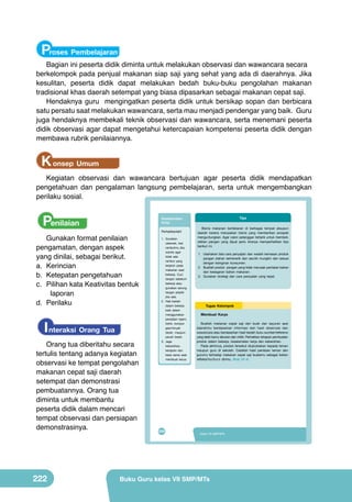 Proses Pembelajaran

Bagian ini peserta didik diminta untuk melakukan observasi dan wawancara secara
berkelompok pada penjual makanan siap saji yang sehat yang ada di daerahnya. Jika
kesulitan, peserta didik dapat melakukan bedah buku-buku pengolahan makanan
tradisional khas daerah setempat yang biasa dipasarkan sebagai makanan cepat saji.
Hendaknya guru mengingatkan peserta didik untuk bersikap sopan dan berbicara
satu persatu saat melakukan wawancara, serta mau menjadi pendengar yang baik. Guru
juga hendaknya membekali teknik observasi dan wawancara, serta menemani peserta
didik observasi agar dapat mengetahui ketercapaian kompetensi peserta didik dengan
membawa rubrik penilaiannya.

K onsep Umum
Kegiatan observasi dan wawancara bertujuan agar peserta didik mendapatkan
pengetahuan dan pengalaman langsung pembelajaran, serta untuk mengembangkan
perilaku sosial.

Peta Materi

Penilaian
Gunakan format penilaian
pengamatan, dengan aspek
yang dinilai, sebagai berikut.
a.	 Kerincian
b.	 Ketepatan pengetahuan
c.	 Pilihan kata Keativitas bentuk
laporan
d.	 Perilaku

I nteraksi Orang Tua
Orang tua diberitahu secara
tertulis tentang adanya kegiatan
observasi ke tempat pengolahan
makanan cepat saji daerah
setempat dan demonstrasi
pembuatannya. Orang tua
diminta untuk membantu
peserta didik dalam mencari
tempat observasi dan persiapan
demonstrasinya.

222

Perhatikanlah!

VIII

TIPS
Tips

Keselamatan
Kerja

Bisnis makanan bertebaran di berbagai tempat ataupun
daerah karena merupakan bisnis yang memberikan prospek
menguntungkan. Agar calon pelanggan tertarik untuk membeli,
olahan pangan yang dijual perlu kiranya memperhatikan tips
berikut ini.

1. Gunakan
celemek, ikat
rambutmu jika
wanita agar
1. Usahakan tata cara penyajian dan wadah kemasan produk
tidak ada
pangan olahan semenarik dan seunik mungkin dan sesuai
rambut yang
Pengolahan keinginan konsumen. dari
dengan Makanan Cepat Saji
terjatuh pada
Buah dan pangan
2. Buatlah produk Sayuranyang tidak merusak penilaian bahan
makanan saat
dan kesegaran bahan makanan.
bekerja. Cuci
3. Gunakan strategi dan cara penjualan yang tepat.
tangan sebelum
bekerja atau
gunakan sarung
Karakteristik
Penyajian dan
tangan plastik
Teknik
Pengertian
Proses Pembuatan
(Jenis, manfaat,
Kemasan
jika ada.
kandungan)
2. Hati-hatilah
dalam bekerja
Tugas Kelompok
baik dalam
Membuat Karya
menggunakan
peralatan tajam,
Buatlah makanan cepat saji dari buah dan sayuran asal
listrik, kompor
gas/minyak
daerahmu berdasarkan informasi dari hasil observasi dan
tanah, maupun
wawancara atau berdasarkan hasil bedah buku sumber/referensi
pecah belah.
yang telah kamu lakukan dan miliki. Perhatikan tahapan pembuatan
3. Jaga
produk dalam bekerja, keselamatan kerja dan kebersihan.
kebersihan,
Pada akhirnya, produk tersebut diujicobakan kepada teman
kerapian dan
maupun guru di sekolah. Catatlah hasil penilaian teman dan
Tujuan Pembelajaran
kerja sama saat
gurumu terhadap makanan cepat saji buatamu sebagai bahan
Setelah mempelajari bab VIII peserta didik(lihat LK-4)
membuat karya.
refleksi/feedback dirimu. mampu:

1. menyatakan pendapat tentang keragaman hasil pengolahan makanan cepat
saji buah dan sayuran sebagai ungkapan rasa bangga dan wujud rasa syukur
kepada Tuhan serta bangsa Indonesia.
2. mengidentifikasi jenis, bahan, alat, dan proses makanan cepat saji buah
dan sayuran yang terdapat di wilayah setempat berdasarkan rasa ingin tahu
dan peduli lingkungan.
3. merancang olahan makanan cepat saji buah dan sayuran berdasarkan
orisinalitas ide yang jujur terhadap diri sendiri.
4. membuat, menguji, dan mempresentasikan karya makanan cepat saji buah
dan sayuran di wilayah setempat berdasarkan teknik dan prosedur yang
tepat dengan disiplin dan tanggung jawab.

192

206

PRAKARYA SMP/MTs Kelas 7
Kelas VII SMP/MTs

Buku Guru kelas VII SMP/MTs

 