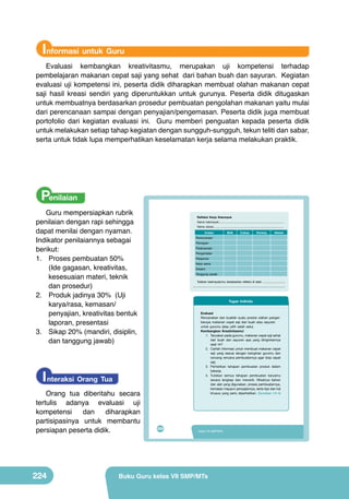 Informasi untuk Guru
Evaluasi kembangkan kreativitasmu, merupakan uji kompetensi terhadap
pembelajaran makanan cepat saji yang sehat dari bahan buah dan sayuran. Kegiatan
evaluasi uji kompetensi ini, peserta didik diharapkan membuat olahan makanan cepat
saji hasil kreasi sendiri yang diperuntukkan untuk gurunya. Peserta didik ditugaskan
untuk membuatnya berdasarkan prosedur pembuatan pengolahan makanan yaitu mulai
dari perencanaan sampai dengan penyajian/pengemasan. Peserta didik juga membuat
portofolio dari kegiatan evaluasi ini. Guru memberi penguatan kepada peserta didik
untuk melakukan setiap tahap kegiatan dengan sungguh-sungguh, tekun teliti dan sabar,
serta untuk tidak lupa memperhatikan keselamatan kerja selama melakukan praktik.

Penilaian
Guru mempersiapkan rubrik
penilaian dengan rapi sehingga
dapat menilai dengan nyaman.
Indikator penilaiannya sebagai
berikut:
1.	 Proses pembuatan 50%
(Ide gagasan, kreativitas,
kesesuaian materi, teknik
dan prosedur)
2.	 Produk jadinya 30% (Uji
karya/rasa, kemasan/
penyajian, kreativitas bentuk
laporan, presentasi
3.	 Sikap 20% (mandiri, disiplin,
dan tanggung jawab)

Peta Materi

Nama kelompok:.................................................................................
Nama siswa:.......................................................................................
Uraian

224

Baik

Cukup

Kurang

Alasan

Perencanaan
Persiapan
Pelaksanaan
Pengamatan
Pelaporan

Pengolahan Makanan Cepat Saji dari
Kerja sama
Buah dan Sayuran
Disiplin

Tanggung jawab
Tuliskan kesimpulanmu berdasarkan refleksi di atas! ................................

Pengertian

.................................................................................................................................
Karakteristik
Penyajian dan
Teknik
Proses Pembuatan
(Jenis, manfaat,
Kemasan
kandungan)

Tugas Individu
Evaluasi
Rencanakan dan buatlah suatu produk olahan pangan
berupa makanan cepat saji dari buah atau sayuran
untuk gurumu (atau pilih salah satu).
Kembangkan Kreativitasmu!
1. Tanyakan pada gurumu, makanan cepat saji sehat
dari buah dan sayuran apa yang diinginkannya
saat ini?
2. Carilah informasi untuk membuat makanan cepat
Tujuan Pembelajaran
saji yang sesuai dengan keinginan gurumu dan
Setelah mempelajari bab VIII peserta didik mampu:
rancang rencana pembuatannya agar bisa cepat
1. menyatakan pendapat tentang keragaman hasil pengolahan makanan cepat
saji.
saji buah dan sayuran sebagai ungkapan rasa bangga dan wujud rasa syukur
3. Perhatikan tahapan pembuatan produk dalam
kepada Tuhan serta bangsa Indonesia.
bekerja.
2. mengidentifikasi jenis, bahan, alat, dan proses makanan cepat saji buah
4. Tuliskan semua tahapan pembuatan karyamu
dan sayuran yang terdapat di wilayah setempat berdasarkan rasa ingin tahu
dan peduli lingkungan. secara lengkap dan menarik. Misalnya bahan
dan cepat digunakan, proses pembuatannya,
3. merancang olahan makananalat yangsaji buah dan sayuran berdasarkan
orisinalitas ide yang jujur kemasan maupun penyajiannya, serta tips dan hal
terhadap diri sendiri.
4. membuat, menguji, dan mempresentasikan diperhatikan. (Gunakan saji buah
khusus yang perlu karya makanan cepat LK-4)

I nteraksi Orang Tua
Orang tua diberitahu secara
tertulis adanya evaluasi uji
kompetensi
dan
diharapkan
partisipasinya untuk membantu
persiapan peserta didik.

VIII

Refleksi Kerja Kelompok

dan sayuran di wilayah setempat berdasarkan teknik dan prosedur yang
tepat dengan disiplin dan tanggung jawab.

192

208

PRAKARYA SMP/MTs Kelas 7
Kelas VII SMP/MTs

Buku Guru kelas VII SMP/MTs

 