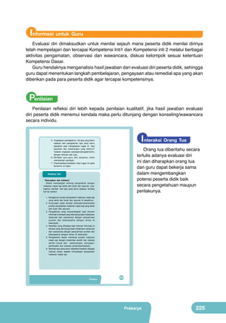 Informasi untuk Guru
Evaluasi diri dimaksudkan untuk menilai sejauh mana peserta didik menilai dirinya
telah mempelajari dan tercapai Kompetensi Inti1 dan Kompetensi inti 2 melalui berbagai
aktivitas pengamatan, observasi dan wawancara, diskusi kelompok sesuai ketentuan
Kompetensi Dasar.
Guru hendaknya menganalisis hasil jawaban dari evaluasi diri peserta didik, sehingga
guru dapat menentukan langkah pembelajaran, pengayaan atau remedial apa yang akan
diberikan pada para peserta didik agar tercapai kompetensinya.

Penilaian
Penilaian refleksi diri lebih kepada penilaian kualitatif, jika hasil jawaban evaluasi
diri peserta didik menemui kendala maka perlu ditunjang dengan konseling/wawancara
secara individu.

Bab

5. Ungkapkan pendapatmu, hal apa yang kamu
rasakan dan pengalaman apa yang kamu
dapatkan saat mengerjakan tugas ini. Apa
kesulitan dan kesenangan yang ditemui?
Tuliskan ungkapan perasaan/pengalamanmu
dengan terbuka dan jujur.
6. Mintalah guru-guru dan temanmu untuk
memberikan penilaian.
7. Presentasikan/ceritakan hasil tugas ini pada
temanmu di kelas.

VIII
Refleksi Diri

Pengolahan Pangan
Makanan Cepat Saji
yang Sehat dari Buah
dan Sayur
	
  

Renungkan dan tuliskan!
	
  
Dalam mempelajari tentang pengolahan pangan
makanan cepat saji sehat dari buah dan sayuran, ungkapkan manfaat dan apa yang kamu rasakan, tentang
hal-hal berikut.
1. Keragaman produk pengolahan makanan cepat saji
yang sehat dari buah dan sayuran di daerahmu.
	
  
	
  
2. Kunjungan pada tempat penjualan/pembuatan
produk pengolahan makanan cepat saji yang sehat
dari buah dan sayuran.
3. Pengalaman yang menyenangkan saat mencari
informasi di tempat yang dikunjungi (saat melakukan
observasi dan wawancara dengan penjual/nara
sumber dan bekerjasama dengan teman di
kelompok).
4. Kesulitan yang dihadapi saat mencari informasi di
	
  
tempat yang dikunjungi (saat melakukan observasi
dan wawancara dengan penjual/nara sumber dan
	
  
	
  
bekerjasama dengan teman di kelompok).
5. Pengalaman dalam membuat produk makanan
cepat saji dengan kreativitas sendiri dan bekerja
sendiri (mulai dari perencanaan, persiapan,
pembuatan dan evaluasi produk/pemasaran).
6. Manfaat apa yang kamu dapatkan/rasakan sebagai
individu sosial, setelah mempelajari pengolahan
makanan cepat saji.

Perhatikan
judul dan
gambar 8.1 di
samping. Apa
yang terlintas
di pikiranmu?
Kenalkah
kamu dengan
makanan dan
minuman
tersebut?
Apakah
kamu pernah
memakannya
dan sukakah
dengan
makanan dan
minuman
tersebut? Cari
tahu sejarah
makanan cepat
saji? Tuliskan
pendapat dan
kesanmu di
kertas.

I nteraksi Orang Tua
Orang tua diberitahu secara
tertulis adanya evaluasi diri
ini dan diharapkan orang tua
dan guru dapat bekerja sama
dalam mengembangkan
potensi peserta didik baik
secara pengetahuan maupun
perilakunya.

(sumber kiri kanan, atas bawah : Dok.Kemdikbud, google.co.id)

Gambar 8.1 Aneka makanan cepat saji

Prakarya
Pengolahan

209
193

Prakarya

225

 