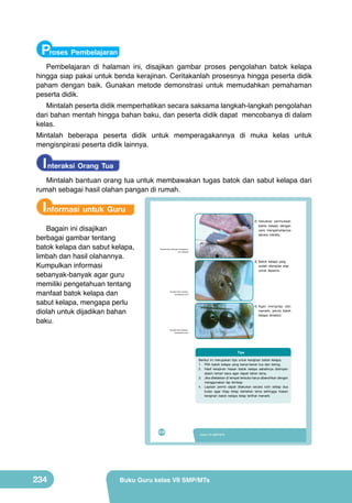Proses Pembelajaran
Pembelajaran di halaman ini, disajikan gambar proses pengolahan batok kelapa
hingga siap pakai untuk benda kerajinan. Ceritakanlah prosesnya hingga peserta didik
paham dengan baik. Gunakan metode demonstrasi untuk memudahkan pemahaman
peserta didik.
Mintalah peserta didik memperhatikan secara saksama langkah-langkah pengolahan
dari bahan mentah hingga bahan baku, dan peserta didik dapat mencobanya di dalam
kelas.

Mintalah beberapa peserta didik untuk memperagakannya di muka kelas untuk
mengisnpirasi peserta didik lainnya.

I nteraksi Orang Tua
Mintalah bantuan orang tua untuk membawakan tugas batok dan sabut kelapa dari
rumah sebagai hasil olahan pangan di rumah.

Informasi untuk Guru

Bagain ini disajikan
berbagai gambar tentang
batok kelapa dan sabut kelapa,
limbah dan hasil olahannya.
Kumpulkan informasi
sebanyak-banyak agar guru
memiliki pengetahuan tentang
manfaat batok kelapa dan
sabut kelapa, mengapa perlu
diolah untuk dijadikan bahan
baku.

2) Haluskan permukaan
batok kelapa dengan
cara mengamplasnya
secara merata.

(Sumber:http://edukasi.kompasiana.
com diakses)

(Sumber:http://edukasi.
kompasiana.com)

3) Batok kelapa yang
sudah diamplas siap
untuk dipernis.

	
  
	
  
	
  

4) Agar mengilap dan
menarik, pernis batok
kelapa tersebut.

(Sumber:http://edukasi.
kompasiana.com)

Tips
Berikut ini merupakan tips untuk kerajinan batok kelapa.
1. Pilih batok kelapa yang benar-benar tua dan kering.
2. Hasil kerajinan hiasan batok kelapa sebaiknya disimpan
dalam lemari kaca agar dapat tahan lama.
3. Jika diletakkan di tempat terbuka harus dibersihkan dengan
menggunakan lap lembap.
4. Lapisan pernis dapat dilakukan secara rutin setiap dua
bulan agar kilap tetap bertahan lama sehingga hiasan
kerajinan batok kelapa tetap terlihat menarik.

218

234

Kelas VII SMP/MTs

Buku Guru kelas VII SMP/MTs

 