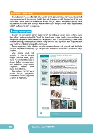 Informasi untuk Guru

Pada bagian ini, peserta didik dikenalkan teknik pembentukan karya dari tanah liat,
yaitu dengan teknik lempengan (slab) dan teknik cetak (mold). Kedua teknik ini juga
merupakan dasar pembuatan keramik. Karya dengan teknik lempengan (slab) dapat
dibuat bentuk silinder dan persegi. Karya cetak dapat menghasilkan karya seperti bros,
wadah kartu nama, dan sebagainya.

Proses Pembelajaran

Bagian ini menyajikan bahan dasar tanah liat sebagai bahan alam pertama yang
dikenalkan pada peserta didik. Tanah liat jika dibakar, maka hasilnya menjadi keramik.
Sampaikan pengertian keramik sesuai buku peserta didik. Guru dapat menggunakan buku
sumber tentang pembelajaran keramik yang dimililiki atau dipinjam dari perpustakaan,
agar materi pembelajaran dapat berkembang.
Bersama peserta didik, lakukan kegiatan pengamatan produk keramik baik dari buku
maupun dari benda langsung, juga pengamatan bahan dan alat dalam pembuatan karya
keramik.
Jika media tanah liat
1. Mengenal Kerajinan dari Bahan Alam
tersedia di daerah tempat
Tugas
a. Tanah Liat
tinggal peserta didik, guru
Kerajinan yang terbuat dari bahan tanah liat biasa dikenal orang
1. Amati berbagai
dengan kerajinan keramik. Asal kata keramik adalah keramos (bahasa
dapat mendemonstrasikan di
jenis tanah
Yunani) yang artinya benda pecah belah yang terbentuk dari tanah
yang ada di
liat dan telah mengalami proses pembakaran. Dalam pembuatan
depan kelas menggunakan
sekitar tempat
keramik, tanah liat memiliki sifat plastis sehingga mudah dibentuk.
tinggalmu!
Setelah itu, dapat dibakar dalam tingkat pembakaran suhu 600
alat sederhana yang sesuai
C sampai 1.300 C sesuai jenis tanah liatnya sehingga tanah liat
2. Apakah
menjadi keras, padat, dan kedap air.
semua tanah
fungsinya.
Peserta
didik
Indonesia memiliki kerajinan keramik dari berbagai daerah yang
dapat dibuat
berciri khas. Setiap daerah mempunyai keunikan dari bentuk, teknik
keramik?
dapat mencobanya.
hingga ragam hias yang ditampilkan. Kekayaan hayati di Indonesia
Mengapa?
telah menginspirasi keindahan dan keunikan bentuk kerajinan
3. Jenis tanah
Sampaikan hal-hal yang
keramik menjadi keramik Indonesia yang kental akan corak budaya
apa yang ada
yang membedakannya dengan keramik China, Jepang atau Eropa.
di daerahmu
terkait dengan pengertian
yang dapat
dipergunakan
keramik dan keanekaragaman
sebagai
keramik di Indonesia.
kerajinan
o

o

keramik?
4. Sampaikan
pendapatmu
dalam
pembelajaran!

(Sumber: Dokumen

Bahan Pembuatan Keramik

Kemdikbud)

Gambar 1.2
Produk kerajinan
keramik

Tanah Liat

(Sumber: Dokumen Kemdikbud)

Alat Pembuatan Keramik

Gambar 1.3
Aneka tanah liat berbagai
warna

(Sumber: Dokumen Kemdikbud)

Gambar 1.4.a Peralatan
pembuatan keramik

6

22

Alat putar tangan

Kelas VII SMP/MTs

Buku Guru kelas VII SMP/MTs

Alat putar kaki

Tungku pembakaran

 