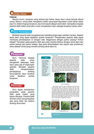 K onsep Umum

Faktual:
Secara umum, kerajinan yang terbuat dari bahan dasar daun cukup banyak dibuat
orang. Namun, orang tidak mengetahui istilah yang tepat digunakan untuk bahan dasar
daun ini. Dalam lingkup kerajinan, daun termasuk kategori serat alam. Sampaikan kepada
peserta didik istilah serat alam untuk menjelaskan daun sebagai kerajinan bahan alam.

Proses Pembelajaran

Mintalah peserta didik mengobservasi sekeliling lingkungan sekolah mereka. Adakah
serat alam yang dapat dijadikan produk kerajinan? Pengamatan peserta didik dapat
membuka pembelajaran ini dengan baik. Bagaimana dengan pohon pisang? Pohon
kelapa? Tanyakan pada peserta didik apa yang mereka ketahui dengan serat alam dari
pohon pisang dan pohon kelapa. Apa yang dimanfaatkan dan seperti apa produknya,
serta adakah cerita yang menarik tentang serat alam itu.

Pengayaan

Guru meminta kepada
peserta
didik
untuk
mengambil beberapa helai
daun yang ada di lingkungan
sekolah. Mintalah peserta
didik
mengemukakan
pendapatnya
tentang
kemungkinan daun tersebut
untuk
dijadikan
produk
kerajinan.

Tugas
Amati berbagai
jenis serat alam
yang ada di
sekitar tempat
tinggalmu!
Adakah bahan
serat alam lain
yang pernah
kamu temui
selain pada
gambar?
Sampaikan dalam
pembelajaran!

Remedial

b. Serat Alam
Indonesia memiliki sumber daya alam berupa hutan yang tersebar
di seluruh Nusantara. Selama ini hasil hutan nonkayu yang berasal dari
tanaman yang dapat diperbaharui, belum sepenuhnya mendapatkan
perhatian dari pemerintah. Padahal tanaman nonkayu memberikan
kontribusi ekonomi dan penyerapan tenaga kerja yang signifikan.
Pernahkah kamu melihat eceng gondok yang biasa tumbuh di
air? Enceng gondok tentu menjadi tanaman pengganggu bagi orang
awam. Tetapi, bagi warga daerah tertentu seperti di Kulon Progo,
enceng gondok menjadi sumber penghasilan yang menjanjikan.
Daerah ini menjadi sentra kerajinan tangan dari enceng gondok.
Selain eceng gondok, masih banyak lagi produk kerajinan dari
bahan serat alam, melihat makin variatifnya keinginan dan kebutuhan
masyarakat saat ini.

(Sumber: Dokumen Kemdikbud)

Gambar 1.13 Eceng gondok

Bahan-bahan serat alam dapat menghasilkan kerajinan tangan
yang beraneka ragam, misalnya tas, dompet, topi, alas meja,
dan tempat lampu. Teknik pembuatan kerajinan dari serat alam
ini sebagian besar dibuat dengan cara menganyam. Namun, ada
juga yang menggunakan teknik tempel atau jahit. Adapun proses
persiapan pembuatan bahan baku yang digunakan biasanya dengan
cara dikeringkan secara alami menggunakan sinar matahari langsung.
Namun, untuk menghindari jamur, bahan serat alam harus direndam
dahulu dalam waktu tertentu dengan larutan natrium benzoat atau
zat lain yang dapat mengawetkan serat alam.

Guru dapat memberikan
penguatan pada peserta
didik pada materi yang
belum dikuasai. Peserta didik
diminta untuk menyampaikan
apa yang telah dia ketahui
tentang serat alam.

Bahan Serat Alam

(Sumber: Dokumen Kemdikbud)

Gambar 1.14 Pelepah pisang dan pandan

10

26

Kelas VII SMP/MTs

Buku Guru kelas VII SMP/MTs

 