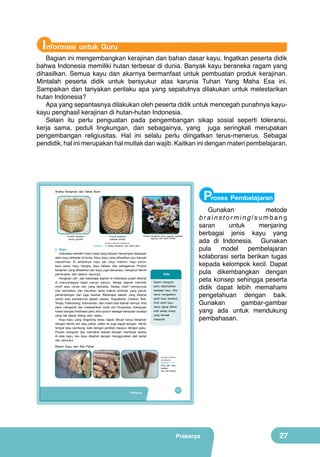 Informasi untuk Guru

Bagian ini mengembangkan kerajinan dari bahan dasar kayu. Ingatkan peserta didik
bahwa Indonesia memiliki hutan terbesar di dunia. Banyak kayu beraneka ragam yang
dihasilkan. Semua kayu dan akarnya bermanfaat untuk pembuatan produk kerajinan.
Mintalah peserta didik untuk bersyukur atas karunia Tuhan Yang Maha Esa ini.
Sampaikan dan tanyakan perilaku apa yang sepatutnya dilakukan untuk melestarikan
hutan Indonesia?
Apa yang sepantasnya dilakukan oleh peserta didik untuk mencegah punahnya kayukayu penghasil kerajinan di hutan-hutan Indonesia.
Selain itu perlu penguatan pada pengembangan sikap sosial seperti toleransi,
kerja sama, peduli lingkungan, dan sebagainya, yang juga seringkali merupakan
pengembangan religiusitas. Hal ini selalu perlu diingatkan terus-menerus. Sebagai
pendidik, hal ini merupakan hal mutlak dan wajib. Kaitkan ini dengan materi pembelajaran.

Proses Pembelajaran

Aneka Kerajinan dari Serat Alam

Produk kerajinan
eceng gondok

Produk kerajinan daun jagung, pelepah
jagung, dan daun lontar

Produk kerajinan
pelepah pisang
(Sumber: Dokumen Kemdikbud)

Gambar 1.15 Aneka kerajinan dari serat alam

c. Kayu
Indonesia memiliki hutan tropis yang banyak menyimpan kekayaan
alam kayu terbesar di dunia. Kayu-kayu yang dihasilkan pun banyak
macamnya. Di antaranya: kayu jati, kayu mahoni, kayu pinus,
kayu sawo, kayu nangka, kayu kelapa, dan sebagainya. Produk
kerajinan yang dihasilkan dari kayu juga bervariasi, mengikuti teknik
pembuatan dan tekstur kayunya.
Kerajinan ukir dari beberapa daerah di Indonesia sudah dikenal
di mancanegara sejak zaman dahulu. Setiap daerah memiliki
motif atau corak ukir yang berbeda. Setiap motif mempunyai
nilai keindahan dan keunikan serta makna simbolis yang penuh
perlambangan dan juga nasihat. Beberapa daerah yang dikenal
ukiran atau pahatannya adalah Jepara, Yogyakarta, Cirebon, Bali,
Toraja, Palembang, Kalimantan, dan masih ada daerah lainnya. Kita
perlu mengenal dan melestarikan motif ukir Nusantara. Kekayaan
kreasi bangsa Indonesia perlu kita syukuri sebagai kekayaan budaya
yang tak dapat hilang oleh waktu.
Kayu-kayu yang tergolong keras dapat dibuat karya kerajinan
dengan teknik ukir atau pahat, selain itu juga dapat dengan teknik
tempel atau sambung, baik dengan perekat maupun dengan paku.
Proses mengukir dan memahat diawali dengan membuat sketsa
di atas kayu, lalu kayu dipahat dengan menggunakan alat pahat
dan pemukul.

Info
Dalam mengukir,
perlu diperhatikan
keadaan kayu. Kita
harus mengetahui
serat kayu tersebut.
Arah serat kayu
harus dapat dilihat
oleh setiap orang
yang hendak
mengukir.

Gunakan
metode
brainstorming/sumbang
saran
untuk
menjaring
berbagai jenis kayu yang
ada di Indonesia. Gunakan
pula
model
pembelajaran
kolaborasi serta berikan tugas
kepada kelompok kecil. Dapat
pula dikembangkan dengan
peta konsep sehingga peserta
didik dapat lebih memahami
pengetahuan dengan baik.
Gunakan
gambar-gambar
yang ada untuk mendukung
pembahasan.

Bahan Kayu dan Alat Pahat
((Sumber: Dokumen
Kemdikbud))

Gambar 1.16
Kayu jati, kayu
kelapa,
dan alat pahat

Prakarya

11

Prakarya

27

 