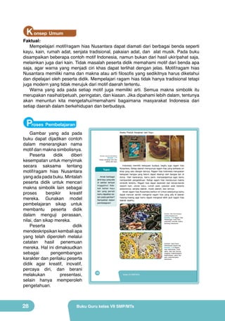 K onsep Umum

Faktual:
Mempelajari motif/ragam hias Nusantara dapat diamati dari berbagai benda seperti
kayu, kain, rumah adat, senjata tradisional, pakaian adat, dan alat musik. Pada buku
disampaikan beberapa contoh motif Indonesia, namun bukan dari hasil ukir/pahat saja,
melainkan juga dari kain. Tidak masalah peserta didik memahami motif dari benda apa
saja, agar warna yang menjadi ciri khas dapat terlihat dengan jelas. Motif/ragam hias
Nusantara memiliki nama dan makna atau arti filosofis yang sedikitnya harus diketahui
dan dipelajari oleh peserta didik. Mempelajari ragam hias tidak hanya tradisional tetapi
juga modern yang tidak merujuk dari motif daerah tertentu.
Warna yang ada pada setiap motif juga memiliki arti. Semua makna simbolik itu
merupakan nasihat/petuah, peringatan, dan kiasan. Jika dipahami lebih dalam, tentunya
akan menuntun kita mengetahui/memahami bagaimana masyarakat Indonesia dari
setiap daerah dalam berkehidupan dan berbudaya.

Proses Pembelajaran

Gambar yang ada pada
buku dapat dijadikan contoh
dalam menerangkan nama
motif dan makna simbolisnya.
Peserta
didik
diberi
kesempatan untuk menyimak
secara saksama tentang
motif/ragam hias Nusantara
yang ada pada buku. Mintalah
peserta didik untuk mencari
makna simbolik lain sebagai
proses
berpikir
kreatif
mereka. Gunakan model
pembelajaran sikap untuk
membantu peserta didik
dalam menguji perasaan,
nilai, dan sikap mereka.
Peserta
didik
mendeskripsikan kembali apa
yang telah diperoleh melalui
catatan hasil penemuan
mereka. Hal ini dimaksudkan
sebagai
pengembangan
karakter dan perilaku peserta
didik agar kreatif, inovatif,
percaya diri, dan berani
melakukan
presentasi,
selain hanya memperoleh
pengetahuan.

28

Aneka Produk Kerajinan dari Kayu

(Sumber: Dokumen Kemdikbud)

Gambar 1.17
Aneka kerajinan ukir dan
pahat dari kayu

Tugas
Amati berbagai
jenis kayu yang ada
di sekitar tempat
tinggalmu! Adakah bahan kayu
lain yang pernah
kamu dapatkan selain pada gambar?
Sampaikan dalam
pembelajaran!

Indonesia memiliki kekayaan budaya, begitu juga ragam hias
Nusantara. Setiap daerah mempunyai ragam hias yang berbeda ciri
khas yang satu dengan lainnya. Ragam hias Indonesia merupakan
kekayaan bangsa yang belum dapat disaingi oleh bangsa lain di
dunia. Oleh karenanya, kamu perlu mempelajarinya agar kamu
memperoleh pengetahuan. Setiap ragam hias mempunyai makna
simbolik tertentu. Ragam hias dapat diperoleh dari benda-benda
seperti kain, ukiran kayu, rumah adat, pakaian adat beserta
asesorisnya, senjata daerah, musik daerah, dan lainnya.
Amati ragam hias Nusantara berikut ini! Untuk selanjutnya kamu
dapat mencari sendiri mengenai ragam hias yang ada di daerah
masing-masing agar kamu dapat mengenal lebih jauh ragam hias
daerah asalmu.

Sumber: http://tryonotaqwamyblog.blogspot.com

Gambar 1.18 Ragam hias
Pekalongan motif flora
(naturalis) memiliki makna
lambang kesuburan.

(sumber: http://www.
kebudayaan-dayak.org)
Gambar 1.19 Ragam
hias Kalimantan, motif
pakis, akar dan burung
enggang melambangkan
keperkasaan, pakis dan
akar melambangkan
kesuburan.

12

Kelas VII SMP/MTs

Buku Guru kelas VII SMP/MTs

 
