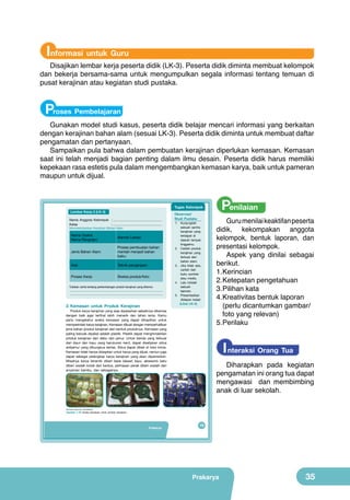 Informasi untuk Guru

Disajikan lembar kerja peserta didik (LK-3). Peserta didik diminta membuat kelompok
dan bekerja bersama-sama untuk mengumpulkan segala informasi tentang temuan di
pusat kerajinan atau kegiatan studi pustaka.

Proses Pembelajaran

Gunakan model studi kasus, peserta didik belajar mencari informasi yang berkaitan
dengan kerajinan bahan alam (sesuai LK-3). Peserta didik diminta untuk membuat daftar
pengamatan dan pertanyaan.
Sampaikan pula bahwa dalam pembuatan kerajinan diperlukan kemasan. Kemasan
saat ini telah menjadi bagian penting dalam ilmu desain. Peserta didik harus memiliki
kepekaan rasa estetis pula dalam mengembangkan kemasan karya, baik untuk pameran
maupun untuk dijual.

Penilaian

Tugas Kelompok

Lembar Kerja 3 (LK-3)
Nama Anggota Kelompok : .....................................................
Kelas
: .....................................................
Mendeskripsikan Kerajinan Bahan Alam

Nama Usaha:
Nama Pengrajin:

Alamat Lokasi:

Jenis Bahan Alam:

Proses pembuatan bahan
mentah menjadi bahan
baku:

Alat:

Teknik pengerjaan:

Proses Kerja:

Sketsa produk/foto:

Tuliskan cerita tentang perkembangan produk kerajinan yang ditemui:
..............................................................................................................
..............................................................................................................

2. Kemasan untuk Produk Kerajinan

Observasi/
Studi Pustaka

1. Kunjungilah
sebuah sentra
kerajinan yang
terdapat di
daerah tempat
tinggalmu.
2. Carilah produk
kerajinan yang
terbuat dari
bahan alam.
3. Jika tidak ada,
carilah dari
buku sumber
atau media.
4. Lalu tulislah
sebuah
laporan.
5. Presentasikan
didepan kelas!
(Lihat LK-3)

Produk karya kerajinan yang siap dipasarkan sebaiknya dikemas
dengan baik agar terlihat lebih menarik dan tahan lama. Kamu
perlu mengetahui aneka kemasan yang dapat dihasilkan untuk
memperindah karya kerajinan. Kemasan dibuat dengan memperhatikan
jenis bahan produk kerajinan dan bentuk produknya. Kemasan yang
paling banyak dipakai adalah plastik. Plastik dapat menghindarkan
produk kerajinan dari debu dan jamur. Untuk benda yang terbuat
dari daun dan kayu yang berukuran kecil, dapat diselipkan silica
antijamur yang dibungkus kertas. Silica dapat dibeli di toko kimia.
Kemasan tidak hanya disiapkan untuk karya yang dijual, namun juga
dapat sebagai pelengkap karya kerajinan yang akan dipamerkan.
Misalnya karya keramik diberi base (dasar) kayu, aksesoris batu
diberi wadah kotak dari kardus, perhiasan perak diberi wadah dari
anyaman bambu, dan sebagainya.

Guru menilai keaktifan peserta
didik, kekompakan anggota
kelompok, bentuk laporan, dan
presentasi kelompok.
Aspek yang dinilai sebagai
berikut.
1.	 erincian
K
2.	 etepatan pengetahuan
K
3.	 ilihan kata
P
4.	 reativitas bentuk laporan
K
(perlu dicantumkan gambar/
foto yang relevan)
P
5.	 erilaku

I nteraksi Orang Tua
Diharapkan pada kegiatan
pengamatan ini orang tua dapat
mengawasi dan membimbing
anak di luar sekolah.

(Sumber: Dokumen Kemdikbud)

Gambar 1.34 Aneka kemasan untuk produk kerajinan.

Prakarya

19

Prakarya

35

 