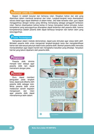 Informasi untuk Guru

Bagian ini adalah lanjutan dari berkarya rotan. Disajikan bahan dan alat yang
diperlukan dalam membuat kerajinan dari rotan. Langkah-langkah kerja disampaikan
secara detail agar dapat dilatihkan di dalam kelas. Jika tidak tersedia rotan, guru dapat
menggantinya dengan kertas yang dilinting memanjang sebagai pengganti lembaran
rotan. Namun disampaikan bahwa kertas ini hanya merupakan bahan simulasi, bukan
kompetensi yang sesungguhnya diharapkan dapat terbentuk oleh peserta didik, karena
kompetensinya adalah peserta didik dapat berkarya kerajinan dari bahan alam yang
sesungguhnya.

Proses Pembelajaran

Sampaikan dalam metode demonstrasi, dapat pula stimulasi agar siswa lebih aktif.
Mintalah peserta didik untuk mengamati langkah-langkah kerja dan mengidentifikasi
bahan dan alat sesuai petunjuk dalam buku peserta didik. Biarkan peserta didik mencoba
mempraktekkan agar dapat mandiri dan mengetahui kesulitan yang dihadapi. Tanyakan
hal-hal yang belum dipahami oleh peserta didik.

Pengayaan

1) Bahan

Peserta didik diminta
menjadi tutor sebaya agar
peserta didik lain dapat
memahami dengan jelas.

2) Alat

Cat

Rotan

Remedial

Guru dapat memberi
penguatan pada langkah
kerja, dapat pula dibantu oleh
peserta didik sebagai tutor.
Minta peserta didik untuk
melakukan sendiri kegiatan
menganyam
dari
rotan
agar peserta didik dapat
memahaminya lebih dalam.

Gunting

Kuas

Cetakan

3) Langkah-langkah pembuatan karya
1. Rendam rotan petrik ke dalam
baskom berisi air, sebentar saja hanya
ingin memudahkan membentuk petritk
agar tidak mudah patah. Dapat pula
direndam pada air sepuhan warna/
wantex agar rotan berwarna.

1

2. Ambil bilahan rotan sebanyak 3
lembar ukuran panjang 40 cm. Susun
menyilang. Pada bagian 2 lembar
tambahkan 1 lembar yang panjang
untuk dijadikan pakan (rotan yang
berjalan).

2

3. Buatlah sumbu yang dimulai pada bagian tengah, melilit seperti
obat nyamuk. Jika sudah 3 putaran, bukalah jaring-jaring untuk
memulai anyaman.

3a

22

38

Kelas VII SMP/MTs

Buku Guru kelas VII SMP/MTs

3b

 