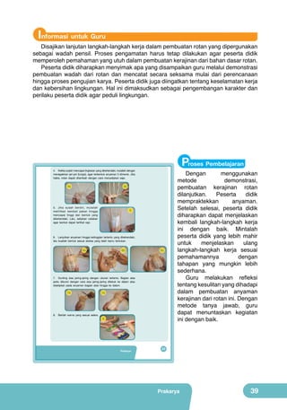 Informasi untuk Guru

Disajikan lanjutan langkah-langkah kerja dalam pembuatan rotan yang dipergunakan
sebagai wadah pensil. Proses pengamatan harus tetap dilakukan agar peserta didik
memperoleh pemahaman yang utuh dalam pembuatan kerajinan dari bahan dasar rotan.
Peserta didik diharapkan menyimak apa yang disampaikan guru melalui demonstrasi
pembuatan wadah dari rotan dan mencatat secara seksama mulai dari perencanaan
hingga proses pengujian karya. Peserta didik juga diingatkan tentang keselamatan kerja
dan kebersihan lingkungan. Hal ini dimaksudkan sebagai pengembangan karakter dan
perilaku peserta didik agar peduli lingkungan.

Proses Pembelajaran

4. Ketika sudah mencapai lingkaran yang dikehendaki, mulailah dengan
menegakkan jari-jari (lungsi), agar terbentuk anyaman 3 dimensi. Jika
habis, rotan dapat ditambah dengan cara menyelipkan saja.

4a

4b

5. Jika sudah berdiri, mulailah
melilitkan kembali pakan hingga
mencapai tinggi dan bentuk yang
dikehendaki. Lalu, selipkan cetakan
agar bentuk dapat terlihat rapi.

5

6. Lanjutkan anyaman hingga ketinggian tertentu yang dikehendaki,
lalu buatlah bentuk sesuai sketsa yang telah kamu tentukan.

6a

6b

6c

7. Gunting sisa jaring-jaring dengan ukuran tertentu. Bagian atas
perlu dikunci dengan cara sisa jaring-jaring ditekuk ke dalam atau
diselipkan pada anyaman bagian atas hingga ke dalam.

7a

8.

Berilah warna yang sesuai selera.

7b

8

Prakarya

Dengan
menggunakan
metode
demonstrasi,
pembuatan kerajinan rotan
dilanjutkan.
Peserta
didik
mempraktekkan
anyaman.
Setelah selesai, peserta didik
diharapkan dapat menjelaskan
kembali langkah-langkah kerja
ini dengan baik. Mintalah
peserta didik yang lebih mahir
untuk
menjelaskan
ulang
langkah-langkah kerja sesuai
pemahamannya
dengan
tahapan yang mungkin lebih
sederhana.
Guru melakukan refleksi
tentang kesulitan yang dihadapi
dalam pembuatan anyaman
kerajinan dari rotan ini. Dengan
metode tanya jawab, guru
dapat menuntaskan kegiatan
ini dengan baik.

23

Prakarya

39

 