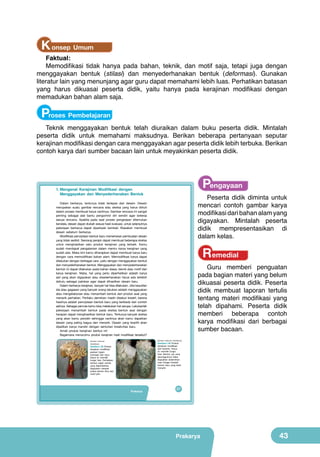 K onsep Umum

Faktual:
Memodifikasi tidak hanya pada bahan, teknik, dan motif saja, tetapi juga dengan
menggayakan bentuk (stilasi) dan menyederhanakan bentuk (deformasi). Gunakan
literatur lain yang menunjang agar guru dapat memahami lebih luas. Perhatikan batasan
yang harus dikuasai peserta didik, yaitu hanya pada kerajinan modifikasi dengan
memadukan bahan alam saja.

Proses Pembelajaran

Teknik menggayakan bentuk telah diuraikan dalam buku peserta didik. Mintalah
peserta didik untuk memahami maksudnya. Berikan beberapa pertanyaan seputar
kerajinan modifikasi dengan cara menggayakan agar peserta didik lebih terbuka. Berikan
contoh karya dari sumber bacaan lain untuk meyakinkan peserta didik.

Pengayaan

1.	Mengenal	 Kerajinan	 Modifikasi	 dengan	 		
	
Menggayakan dan Menyederhanakan Bentuk

Peserta didik diminta untuk
mencari contoh gambar karya
modifikasi dari bahan alam yang
digayakan. Mintalah peserta
didik mempresentasikan di
dalam kelas.

Dalam berkarya, tentunya tidak terlepas dari desain. Desain
merupakan suatu gambar rencana atau sketsa yang harus diikuti
dalam proses membuat karya nantinya. Gambar rencana ini sangat
penting sebagai alat bantu pengontrol diri sendiri agar bekerja
sesuai rencana. Apabila pada saat proses pengerjaan ditemukan
kendala, desain dapat diubah sesuai hasil evaluasi, untuk selanjutnya
pekerjaan berkarya dapat diperbaiki kembali. Biasakan membuat
desain sebelum berkarya.
Modifikasi penciptaan bentuk baru memerlukan pembuatan desain
yang tidak sedikit. Seorang perajin dapat membuat beberapa sketsa
untuk menghasilkan satu produk kerajinan yang terbaik. Kamu
sudah mendapat pengalaman dalam meniru karya kerajinan yang
sudah ada. Maka kini kamu diharapkan dapat membuat karya baru
dengan cara memodifikasi bahan alam. Memodifikasi karya dapat
dilakukan dengan berbagai cara ,yaitu dengan menggayakan bentuk
dan menyederhanakan bentuk. Menggayakan dan menyederhanakan
bentuk ini dapat dilakukan pada bahan dasar, teknik atau motif dari
karya kerajinan. Maka, hal yang perlu diperhatikan adalah karya
asli yang akan digayakan atau disederhanakan harus ada terlebih
dahulu sebagai patokan agar dapat dihasilkan desain baru.
Dalam berkarya kerajinan, banyak hal bisa dilakukan. Jika kesulitan
ide atau gagasan yang banyak orang lakukan adalah menggayakan
atau mengelaborasi atau menambah bentuk dari produk asal yang
menarik perhatian. Perilaku demikian masih disebut kreatif, karena
hasilnya adalah penciptaan bentuk baru yang berbeda dari contoh
aslinya. Sebagai pemula kamu bisa melakukan hal serupa. Lakukanlah
pekerjaan menambah bentuk pada sketsa bentuk asal dengan
harapan dapat menghasilkan bentuk baru. Tentunya banyak sketsa
yang akan kamu peroleh sehingga nantinya akan kamu dapatkan
desain yang paling bagus dan menarik. Desain yang terpilih akan
dijadikan karya mandiri dengan sentuhan kreativitas baru.
Amati produk kerajinan berikut ini!
Bagaimana menurutmu produk kerajinan hasil modifikasi tersebut?

Remedial

Guru memberi penguatan
pada bagian materi yang belum
dikuasai peserta didik. Peserta
didik membuat laporan tertulis
tentang materi modifikasi yang
telah dipahami. Peserta didik
memberi beberapa contoh
karya modifikasi dari berbagai
sumber bacaan.
(Sumber: Dokumen Kemdikbud)

(Sumber: Dokumen

Gambar.1.40 Produk
kerajinan modifikasi
dari keramik. Karya
ini memiliki fungsi
hias. Bentuk vas yang
sesungguhnya biasa
digayakan sedemikian
rupa hingga menjadi
bentuk baru yang lebih
menarik.

Kemdikbud)

Gambar.1.39 Produk
kerajinan modifikasi
paduan logam
kuningan dan kayu.
Karya ini memiliki
fungsi hias. Perhatikan
bentuk wajah wanita
yang digambarkan
digayakan menjadi
aneka bentuk flora dan
motif pilin.

Prakarya

27

Prakarya

43

 