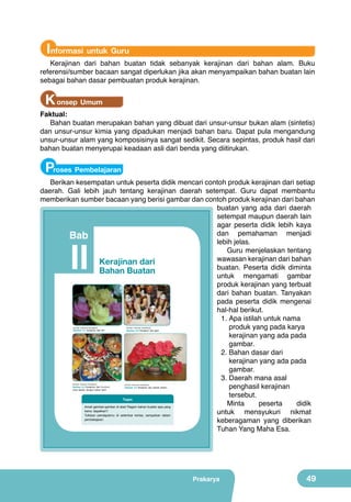 Informasi untuk Guru

Kerajinan dari bahan buatan tidak sebanyak kerajinan dari bahan alam. Buku
referensi/sumber bacaan sangat diperlukan jika akan menyampaikan bahan buatan lain
sebagai bahan dasar pembuatan produk kerajinan.

K onsep Umum

Faktual:
Bahan buatan merupakan bahan yang dibuat dari unsur-unsur bukan alam (sintetis)
dan unsur-unsur kimia yang dipadukan menjadi bahan baru. Dapat pula mengandung
unsur-unsur alam yang komposisinya sangat sedikit. Secara sepintas, produk hasil dari
bahan buatan menyerupai keadaan asli dari benda yang diitirukan.

Proses Pembelajaran

Berikan kesempatan untuk peserta didik mencari contoh produk kerajinan dari setiap
daerah. Gali lebih jauh tentang kerajinan daerah setempat. Guru dapat membantu
memberikan sumber bacaan yang berisi gambar dan contoh produk kerajinan dari bahan
buatan yang ada dari daerah
setempat maupun daerah lain
agar peserta didik lebih kaya
dan pemahaman menjadi
Bab
lebih jelas.
Guru menjelaskan tentang
wawasan kerajinan dari bahan
Kerajinan dari
buatan. Peserta didik diminta
Bahan Buatan
untuk mengamati gambar
produk kerajinan yang terbuat
dari bahan buatan. Tanyakan
pada peserta didik mengenai
hal-hal berikut.
1.	Apa istilah untuk nama
produk yang pada karya
kerajinan yang ada pada
gambar.
2.	Bahan dasar dari
kerajinan yang ada pada
gambar.
3.	Daerah mana asal
penghasil kerajinan
tersebut.
Tugas
Minta
peserta
didik
Amati gambar-gambar di atas! Ragam bahan buatan apa yang
kamu dapatkan?
untuk mensyukuri nikmat
Tuliskan pendapatmu di selembar kertas, sampaikan dalam
pembelajaran.
keberagaman yang diberikan
Tuhan Yang Maha Esa.

II

(Sumber: Dokumen Kemdikbud)

Gambar 2.1 Kerajinan dari lilin

(Sumber: Dokumen Kemdikbud)

Gambar 2.3 Kerajinan dari fiberglass
yang dipadu dengan bahan alam

(Sumber: Dokumen Kemdikbud)

Gambar 2.2 Kerajinan dari gips

(Sumber: Dokumen Kemdikbud)

Gambar 2.4 Kerajinan dari plastik olahan

Prakarya

33

Prakarya

49

 