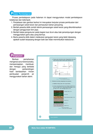 Proses Pembelajaran

Proses pembelajaran pada halaman ini dapat menggunakan model pembelajaran
kolaborasi dan kelompok.
1.	Penjelasan dan gambar berikut ini merupakan lanjutan proses pembuatan dari
pemasangan soket keran dan pemasukan bahan penyaring.
2.	Berilah peserta didik contoh teknik pemasangan soket keran yang dikombinasikan
dengan penggunaan lem pipa.
3.	Berilah batas pengukuran pada bagian luar drum atau bak penampungan dengan
menggunakan garis atau yang lainnya.
4.	Bantu peserta didik dalam melakukan pengujian keran yang telah dipasang,
apakah sudah terpasang dengan baik dan tidak menimbulkan kebocoran.

Pengayaan

Berikan
pemahaman
mengenai cara merencanaka,
mempersiapkan, membuat,
dan menguji yang berbeda
dengan
perbandingan
hasil berdasarkan rincian
pembuatan penjernih air
menggunakan bahan alami.

e. Pasang pipa penyaring yang menggunakan ijuk pada
kedua tabung seperti terlihat pada Gambar 3.12.

Ijuk
Lubang
Pembersih

Seal Tape

Soket
Besi

Ijuk

Ring kulit/ karet

(Sumber: http://www.iptek.net.id)

	

Gambar 3.12 Cara memasang pipa penyaring

2. Membuat drum/bak pengendap dan penyaring
a. Sediakan tabung atau drum yang kosong.
b. Isi drum penyaring berturut-turut dengan kerikil 20 cm,
ijuk 5 cm, pasir 20 cm, arang tempurung kelapa 10 cm,
ijuk lagi 10 cm, dan potongan bata 10 cm.
Potongan bata 10 cm

Ijuk 20 cm
Arang tempurung kelapa 10 cm

Pasir 20 cm
Ijuk 5 cm
Kerikil 20 cm
(Sumber: Dokumen Kemdikbud)

Gambar 3.13 Blok urutan isi drum penyaring

68

84

Kelas VII SMP/MTs

Buku Guru kelas VII SMP/MTs

 
