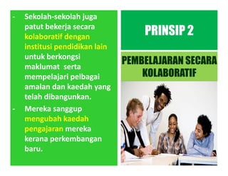 - Sekolah-sekolah juga
patut bekerja secara
kolaboratif dengan
institusi pendidikan lain
untuk berkongsi
maklumat serta
mempelajari pelbagai
amalan dan kaedah yang
telah dibangunkan.
- Mereka sanggup
mengubah kaedah
pengajaran mereka
kerana perkembangan
baru.
PRINSIP 2
PEMBELAJARAN SECARA
KOLABORATIF
 