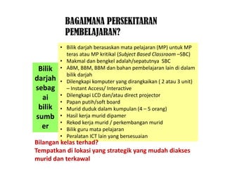 BAGAIMANA PERSEKITARAN
PEMBELAJARAN?
Bilik
darjah
sebag
ai
bilik
sumb
er
• Bilik darjah berasaskan mata pelajaran (MP) untuk MP
teras atau MP kritikal (Subject Based Classroom –SBC)
• Makmal dan bengkel adalah/sepatutnya SBC
• ABM, BBM, BBM dan bahan pembelajaran lain di dalam
bilik darjah
• Dilengkapi komputer yang dirangkaikan ( 2 atau 3 unit)
– Instant Access/ Interactive
• Dilengkapi LCD dan/atau direct projector
• Papan putih/soft board
• Murid duduk dalam kumpulan (4 – 5 orang)
• Hasil kerja murid dipamer
• Rekod kerja murid / perkembangan murid
• Bilik guru mata pelajaran
• Peralatan ICT lain yang bersesuaian
Bilangan kelas terhad?
Tempatkan di lokasi yang strategik yang mudah diakses
murid dan terkawal
 