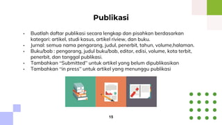 • Buatlah daftar publikasi secara lengkap dan pisahkan berdasarkan
kategori: artikel, studi kasus, artikel riview, dan buku.
• Jurnal: semua nama pengarang, judul, penerbit, tahun, volume,halaman.
• Buku/bab : pengarang, judul buku/bab, editor, edisi, volume, kota terbit,
penerbit, dan tanggal publikasi.
• Tambahkan “Submitted” untuk artikel yang belum dipublikasikan
• Tambahkan “in press” untuk artikel yang menunggu publikasi
Publikasi
15
 