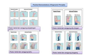 Practical Demonstrations of Ergonomic Principles
Postur netral dan canggung pergelangan
tangan
Postur netral dan canggung siku lengan
Postur netral dan canggung bahu
Postur netral dan canggung pinggang
 