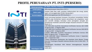 PROFIL PERUSAHAAN PT. INTI (PERSERO)
Alamat perusahaan Jln. Moch. Toha No. 77 Bandung
Jumlah pekerja 508 orang karyawan tetap (tahun 2017) 1
Sektor usaha
Produksi kabel fiber optik, peralatan telekomunikasi dan energi, plastik,
logam, serta penggabungan silinder tabung elpiji 2
Asuransi pegawai (BPJS) Ketenagakerjaan dan BPJS Kesehatan 1
Pelayanan Kesehatan
Untuk menunjang kesehatan karyawan, Perusahaan menyediakan fasilitas
poliklinik yang memberikan layanan pemeriksaan dan pengobatan rawat
jalan (kuratif) sekaligus konsultasi untuk pencegahan penyakit dan
pemeliharaan kesehatan (preventif) dengan kerjasama bersama PT Widya
Bhakti Inti. 3
Sertifikasi perusahaan
1.ISO 9001:2015 Sucofindo International Certification Services QSC 01480
16 Agustus 2017 - 15 Agustus 2020
2.ISO 14001:2015 Sucofindo International Certification Services EMS 00270
16 Agustus 2017 - 15 Agustus 2020
3.OHSAS 18001:2007 Sucofindo International Certification Services OSH
00452 16 Agustus 2017 - 15 Agustus 2020
4.CIQS 2000:2009 Telkom Professional Certification Center 4 September
2017 - 4 September 2020
5.Sistem Manajemen Keselamatan dan Kesehatan Kerja Menteri Tenaga
Kerja dan Transmigrasi Republik Indonesia Bendera Emas 16 Mei 2016 - 15
Mei 2019
6.Penghargaan Kecelakaan Nihil Menteri Ketenagakerjaan Republik
Indonesia 1
Kelembagaan P2K3 Sudah ada 1
 
