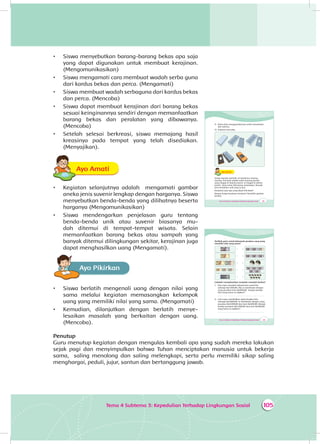 105Tema 4 Subtema 3: Kepedulian Terhadap Lingkungan Sosial
•	 Siswa menyebutkan barang-barang bekas apa saja
yang dapat digunakan untuk membuat kerajinan.
(Mengomunikasikan)
•	 Siswa mengamati cara membuat wadah serba guna
dari kardus bekas dan perca. (Mengamati)
•	 Siswa membuat wadah serbaguna dari kardus bekas
dan perca. (Mencoba)
•	 Siswa dapat membuat kerajinan dari barang bekas
sesuai keinginannya sendiri dengan memanfaatkan
barang bekas dan peralatan yang dibawanya.
(Mencoba)
•	 Setelah selesai berkreasi, siswa memajang hasil
kreasinya pada tempat yang telah disediakan.
(Menyajikan).
Ayo AmatiA
•	 Kegiatan selanjutnya adalah mengamati gambar
aneka jenis suvenir lengkap dengan harganya. Siswa
menyebutkan benda-benda yang dilihatnya beserta
harganya (Mengomunikasikan)
•	 Siswa mendengarkan penjelasan guru tentang
benda-benda unik atau suvenir biasanya mu­
dah ditemui di tempat-tempat wisata. Selain
memanfaatkan barang bekas atau sampah yang
banyak ditemui dilingkungan sekitar, kerajinan juga
dapat menghasilkan uang (Mengamati).
Ayo PikirkanA
•	 Siswa berlatih mengenali uang dengan nilai yang
sama melalui kegiatan memasangkan kelompok
uang yang memiliki nilai yang sama. (Mengamati)
•	 Kemudian, dilanjutkan dengan berlatih menye­
lesaikan masalah yang berkaitan dengan uang.
(Mencoba).
Penutup
Guru menutup kegiatan dengan mengulas kembali apa yang sudah mereka lakukan
sejak pagi dan menyimpulkan bahwa Tuhan menciptakan manusia untuk bekerja
sama, saling menolong dan saling melengkapi, serta perlu memiliki sikap saling
menghargai, peduli, jujur, santun dan bertanggung jawab.
Tema 4 Subtema 3: Kepedulian Terhadap Lingkungan Sosial 141
11. Kamu bisa menggunakannya untuk menyimpan
alat tulismu.
12. Selamat mencoba.
Ayo AmatiA
Setiap daerah memiliki ciri kerajinan masing-
masing. Pak Budi adalah salah seorang perajin
yang tinggal di daerah pesisir. Ia tinggal di sekitar
pantai yang ramai dikunjungi wisatawan. Banyak
jenis kerajinan unik yang ia jual.
Kerajinan apa saja yang dijual Pak Budi?
Berapa harga kerajinan tersebut? Amatilah gambar
berikut.
Tema 4 Subtema 3: Kepedulian Terhadap Lingkungan Sosial 143
Tariklah garis untuk kelompok pecahan uang yang
memiliki nilai yang sama!
Cobalah menyelesaikan masalah-masalah berikut!
1. Edo ingin membeli sebuah bros untuk Ibu
seharga Rp1.500,00. Jika ia membayar dengan
uang pecahan koin Rp500,00, berapa banyak
koin yang harus ia siapkan?
..................................................................................
2. Lani ingin membelikan Ayah bingkai foto
seharga Rp7.000,00. Ia membayar dengan uang
pecahan Rp2.000,00 dan koin Rp500,00. Berapa
lembar pecahan Rp2.000,00 dan koin Rp500,00
yang harus ia siapkan?
..................................................................................
 