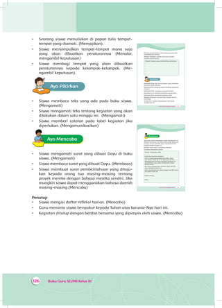 Buku Guru SD/MI Kelas III126
•	 Seorang siswa menuliskan di papan tulis tempat-
tempat yang diamati. (Menyajikan).
•	 Siswa menyimpulkan tempat-tempat mana saja
yang akan dibuatkan peraturannya (Menalar,
mengambil keputusan)
•	 Siswa membagi tempat yang akan dibuatkan
peraturannya kepada kelompok-kelompok. (Me­
ngambil keputusan).
Ayo PikirkanA
•	 Siswa membaca teks yang ada pada buku siswa.
(Mengamati)
•	 Siswa mengamati teks tentang kegiatan yang akan
dilakukan dalam satu minggu ini. (Mengamati)
•	 Siswa memberi catatan pada tabel kegiatan jika
diperlukan. (Mengomunikasikan)
Ayo Mencoba
•	 Siswa mengamati surat yang dibuat Dayu di buku
siswa. (Mengamati)
•	 Siswa membaca surat yang dibuat Dayu. (Membaca)
•	 Siswa membuat surat pemberitahuan yang dituju­
kan kepada orang tua masing-masing tentang
proyek mereka dengan bahasa mereka sendiri. Jika
mungkin siswa dapat menggunakan bahasa daerah
masing-masing.(Mencoba)
Penutup
•	 Siswa mengisi daftar refleksi harian. (Mencoba)
•	 Guru meminta siswa bersyukur kepada Tuhan atas karunia-Nya hari ini.
•	 Kegiatan ditutup dengan berdoa bersama yang dipimpin oleh siswa. (Mencoba)
179Tema 4: Peduli Lingkungan Sosial
Mereka menyimpulkan hasil pengamatannya dan
menuliskannya di buku.
Mereka membagi tempat yang akan mereka
buatkan peraturannya.
Tempat-tempat yang membutuhkan peraturan:
...
...
...
...
...
Ayo PikirkanA
Kelompok Dayu dan Siti mendapat tugas membuat
peraturan perpustakaan.
Kelompok Edo membuat tugas membuat peraturan
di kelas.
Kelompok Udin membuat peraturan kantin.
Kelompok Lani membuat peraturan lorong kelas.
Kelompok Beni membuat peraturan toilet.
Mereka menyusun rencana kerja dengan penuh
semangat.
Setiap hari, mereka mengevaluasi hasil kerja
mereka hari ini.
181Tema 4: Peduli Lingkungan Sosial
Ayo Mencoba
Dayu dan teman-temannya sangat senang hari ini.
Mereka berencana membuat surat untuk orang tua
masing-masing. Mereka ingin memberitahukan
proyek mereka minggu ini.
Buatlah surat seperti yang Dayu lakukan.
Gunakan kalimatmu sendiri.
Depok, 3 November 2014
Ayah, Ibu yang Dayu sayangi.
Hari ini Dayu senang sekali di sekolah. Dayu
dan teman-teman akan membuat proyek baru.
Kelompok Dayu bertugas membuat peraturan di
perpustakaan. Kami akan membuatnya dalam
bentuk poster.
Jika Dayu membutuhkan bantuan, Ayah, dan Ibu
mau membantu Dayu, ya?
Terima kasih Ayah, Ibu. Dayu bangga memiliki orang
tua seperti Ayah, Ibu.
Salam sayang,
Dayu
 