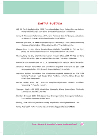 137Tema 4 Subtema 3: Kepedulian Terhadap Lingkungan Sosial
DAFTAR PUSTAKA
Alif, M. Zaini. dan Retno H.Y. 2009. Permainan Rakyat Barat Dalam Dimensi Budaya,
Pemerintah Provinsi Jawa Barat Dinas Pariwisata dan Kebudayaan
Amin, H. Maswardi Muhammad. 2014.Moral Pancasila Jati Diri Bangsa, Aktualisasi
Ucapan dan Perilaku Bermoral Pancasila. Gorga Media
Housner, Lynn Dale, Ed. 2009. Integrated Physical Education, A Guide for the Elementary
Classroom Teacher, 2nd Edition. Virginia: West Virginia University.
Kheong, Fong Ho. dan Chelvi Ramakrishnan, Michelle Choo.2014. My Pals are here,
Maths 2B Text book second edition, Marshall Cavendish Education.
Kheong, Fong Ho, Dr., Chelvi Ramakrishnan, Michelle Choo. 2014. My Pals are here,
Maths 2B Activity book second edition. Marshall Cavendish Education.
Parman, G dan Slamet Riyadi Ali. 2004. Cerita Rakyat dari Lombok. Jakarta: Grasindo.
Peraturan Menteri Pendidikan dan Kebudayaan Republik Indonesia No. 057. 2014
tentang Kurikulum 2013 Sekolah Dasar/Madrasah Ibtidaiyah.
Peraturan Menteri Pendidikan dan Kebudayaan Republik Indonesia No. 104. 2014
tentang Penilaian Hasil Belajar Oleh Pendidik pada Pendidikan Dasar dan
Pendidikan Menengah.
Pratiwi, Heppy Atma. 2013. Panduan BelajarKorespondensi -Bahasa Indonesia.
Tangerang: Pt Pustaka Mandiri.
Sihotang, Kasdin, dkk 2014. Pendidikan Pancasila: Upaya Internalisasi Nilai-nilai
Kebangsaan. Jakarta: Grafindo.
Waridah, Ernawati 2013. EYD: Ejaan Yang Disempurnakan dan Seputar Kebahasa-
Indonesiaan. Bandung: Ruang Kata.
Wuradji, 2006.Panduan penelitian survey. Yogyakarta: Lembaga Penelitian UNY.
Yonny, Acep 2014. Mahir Menulis Naskah Drama. Yogyakarta: Suaka Media
 